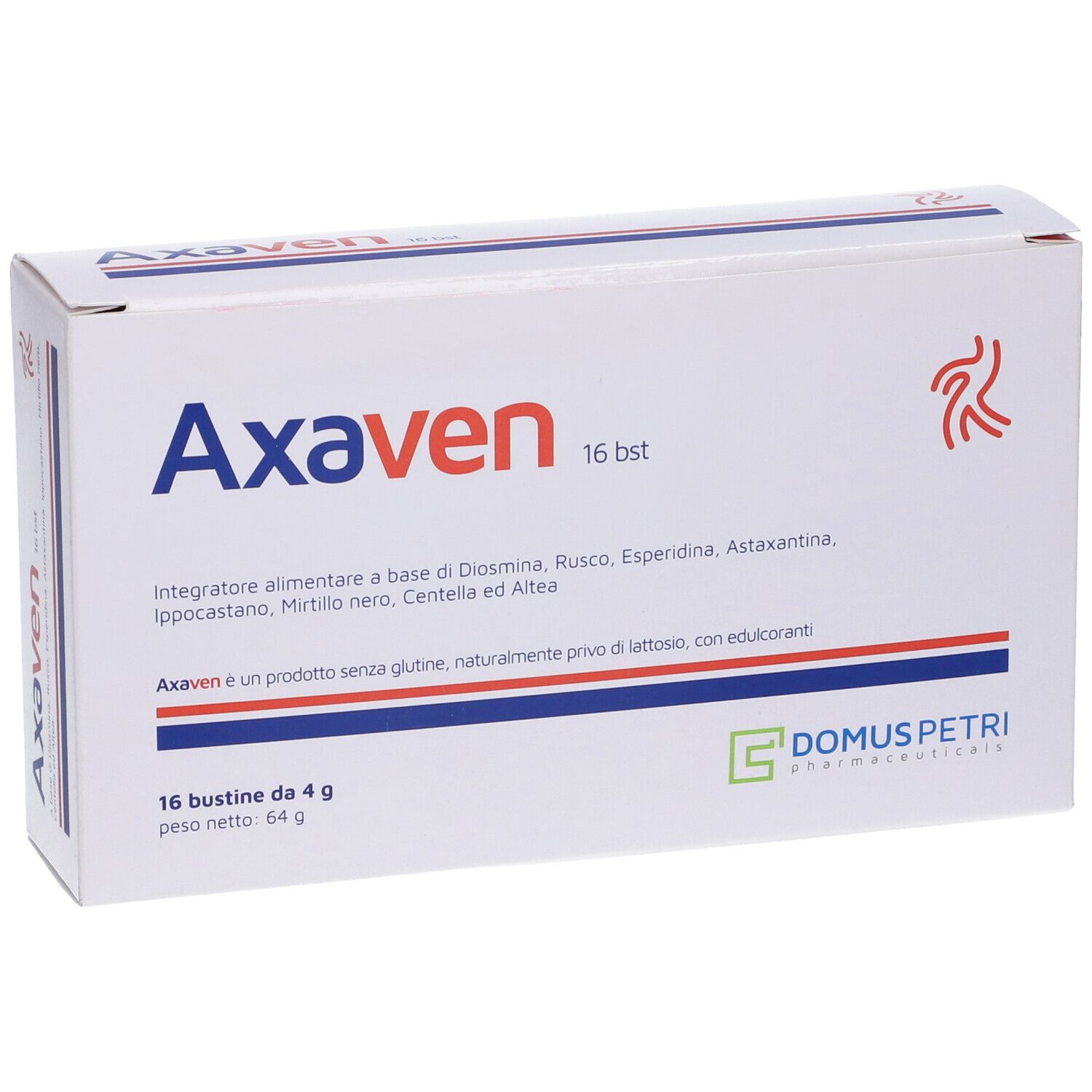 Scatola bianca con Axaven 16 bst. Testo italiano. Logo.