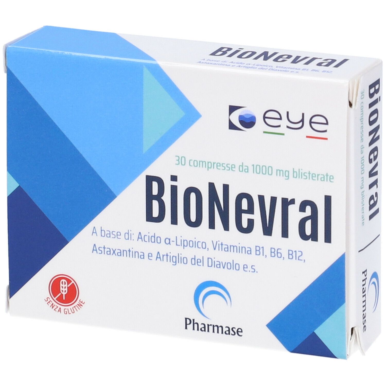 Scatola di compresse "BioNevral". Confezione bianca e blu con nome del prodotto e ingredienti. Logo "Eye".