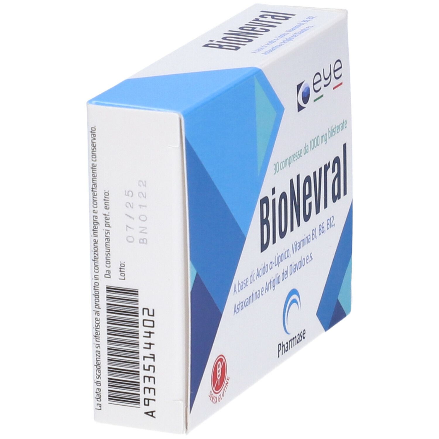 Scatola "BioNevral" in prospettiva. Confezione bianca e blu. Stampa con nome del prodotto, ingredienti e produttore.