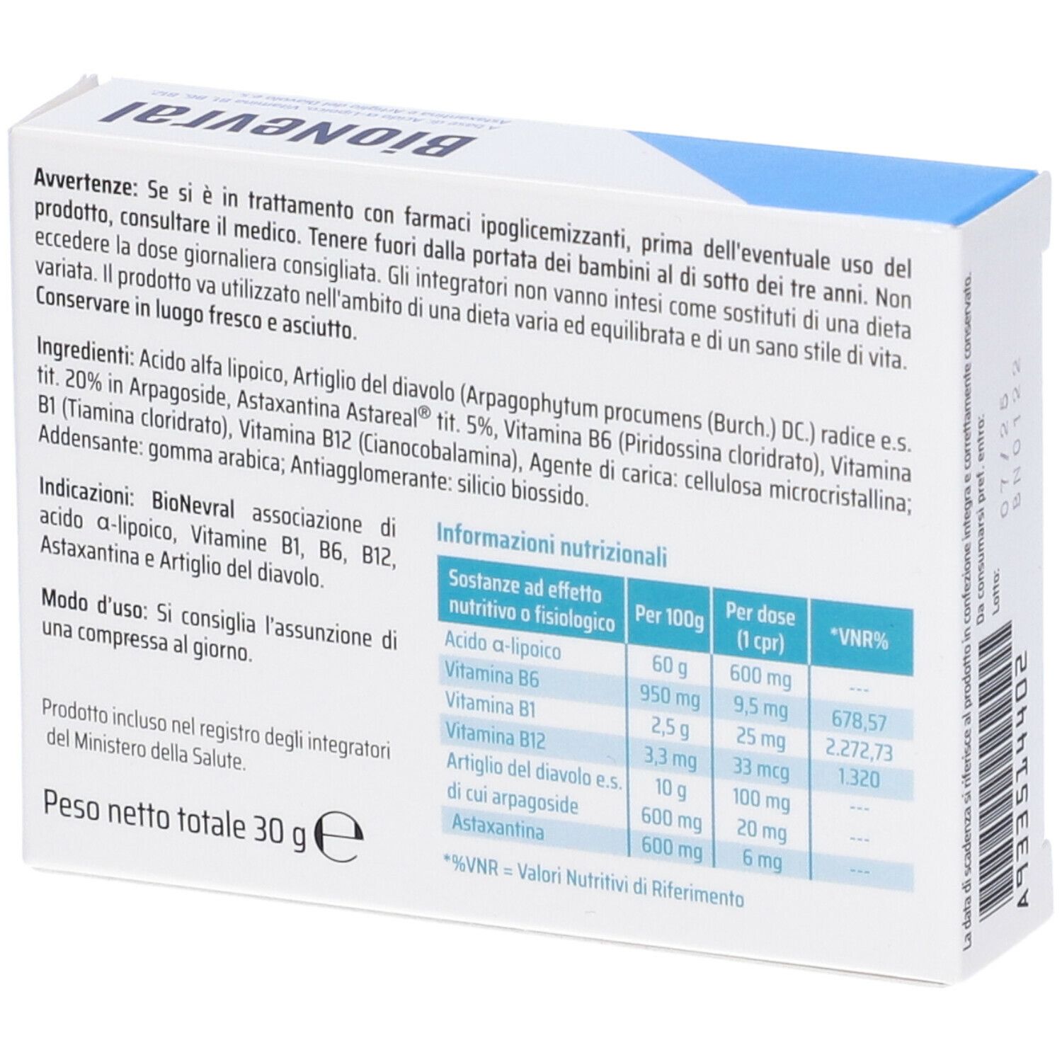 Retro della scatola "BioNevral". Testo con ingredienti, informazioni nutrizionali e istruzioni. Sfondo bianco.