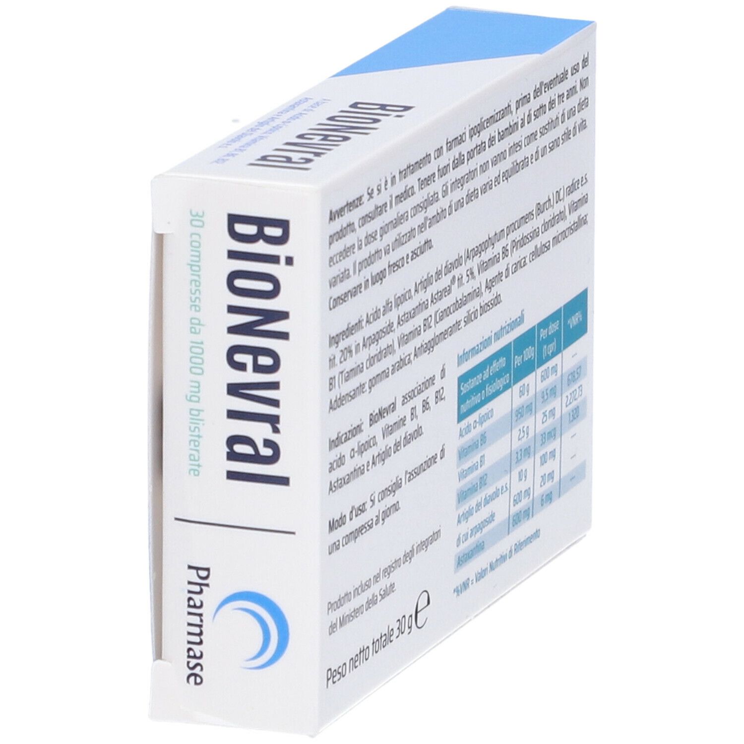 Scatola "BioNevral" in prospettiva. Testo con ingredienti e istruzioni per l'uso. Sfondo bianco.