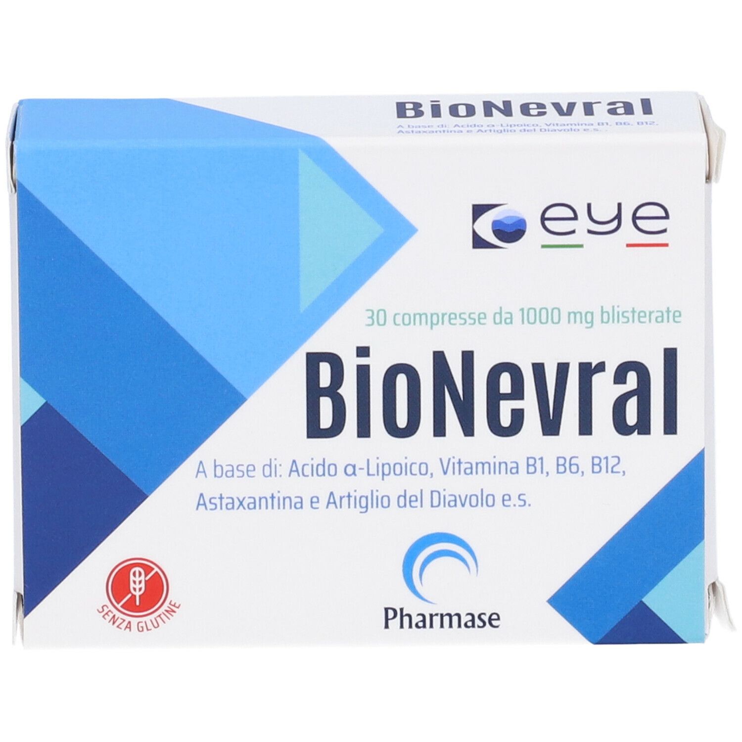Fronte della scatola "BioNevral". Nome del prodotto, logo e ingredienti. Confezione blu e bianca.