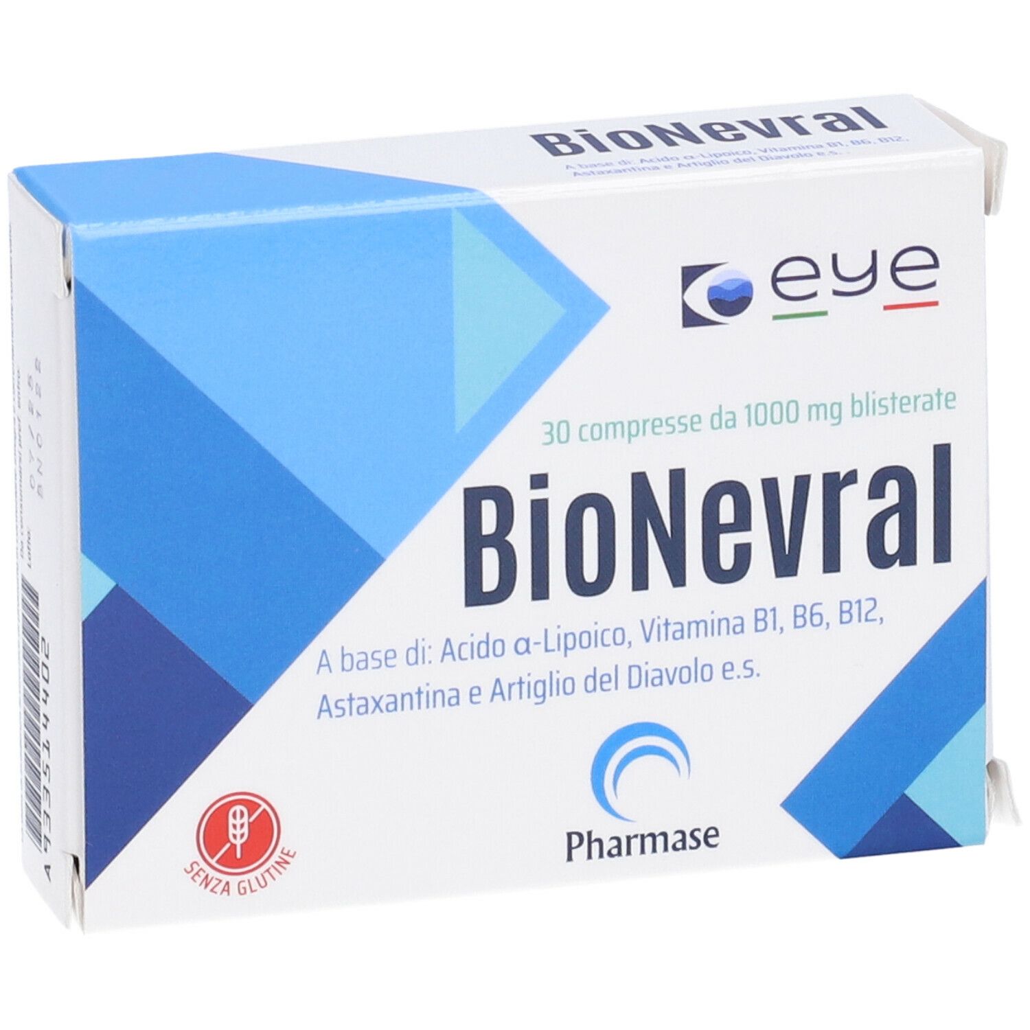 Fronte della scatola "BioNevral". Nome del prodotto, logo e ingredienti. Confezione blu e bianca.