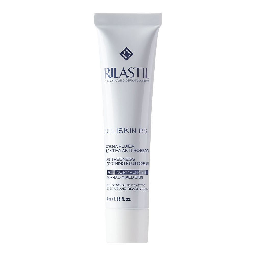 Rilastil Deliskin RS Fluid-Creme. Weiße Tube mit blauer Schrift. Text: Anti-Rötung, für normale Haut.