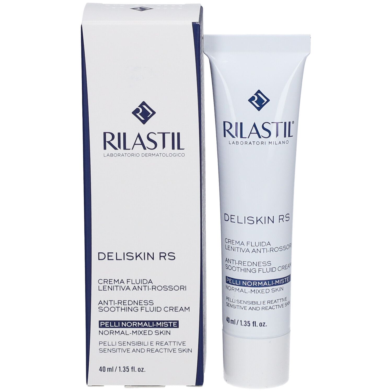 Rilastil Deliskin RS Tube und Schachtel. Creme gegen Rötungen. Für normale bis Mischhaut.