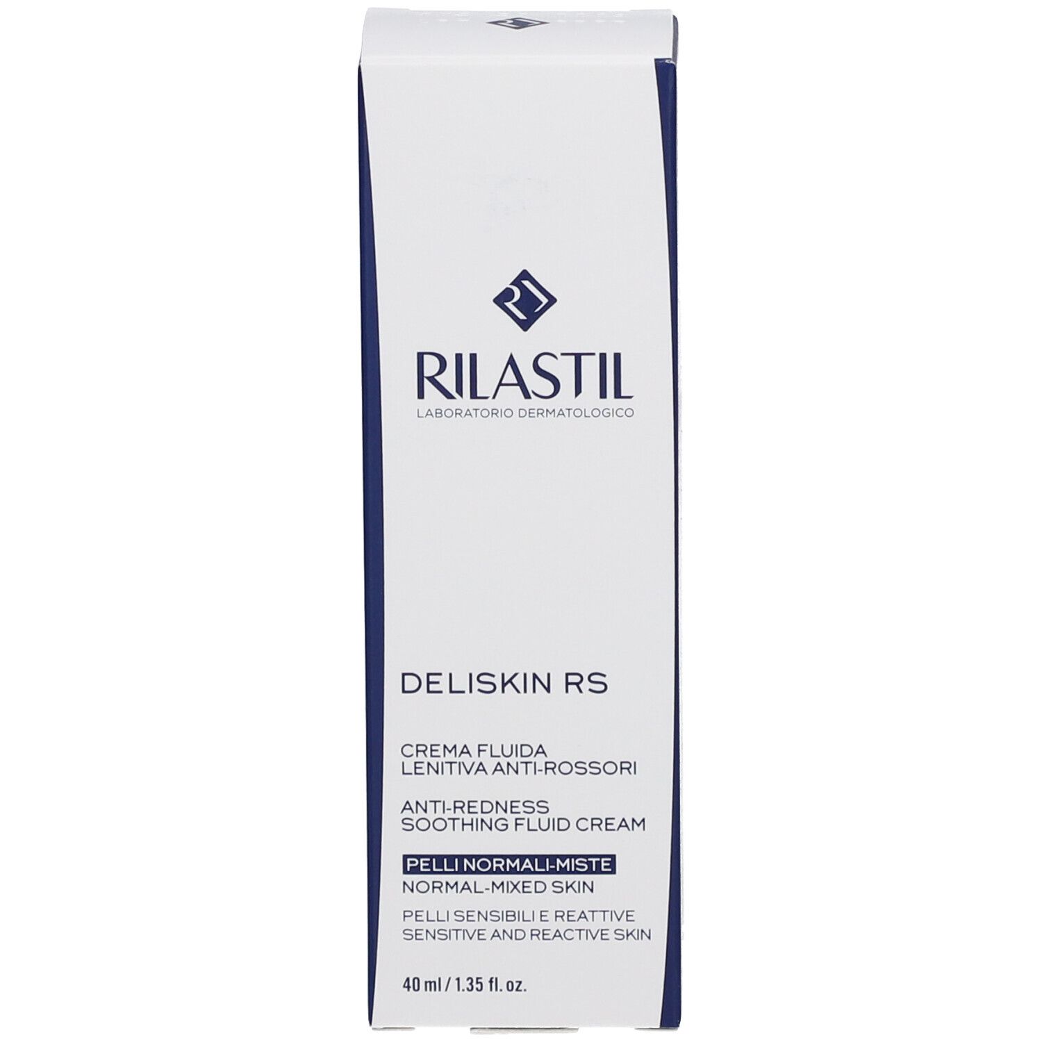 Rilastil Deliskin RS Schachtel. Text: Creme gegen Rötungen, für normale bis Mischhaut.