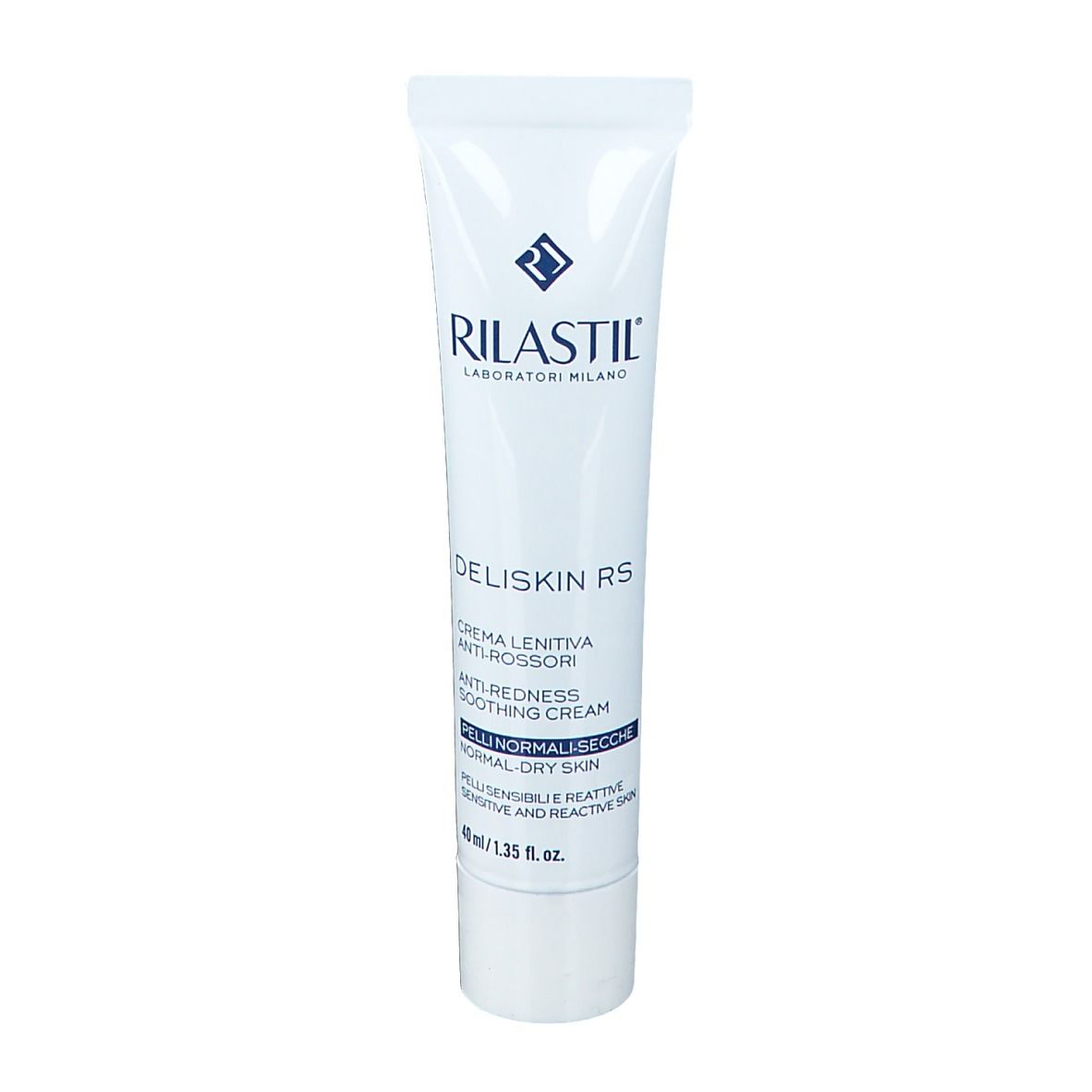 Dos d'un tube de crème blanc. Texte en plusieurs langues, y compris instructions et avertissements. 40 ml/1.35 fl. oz.