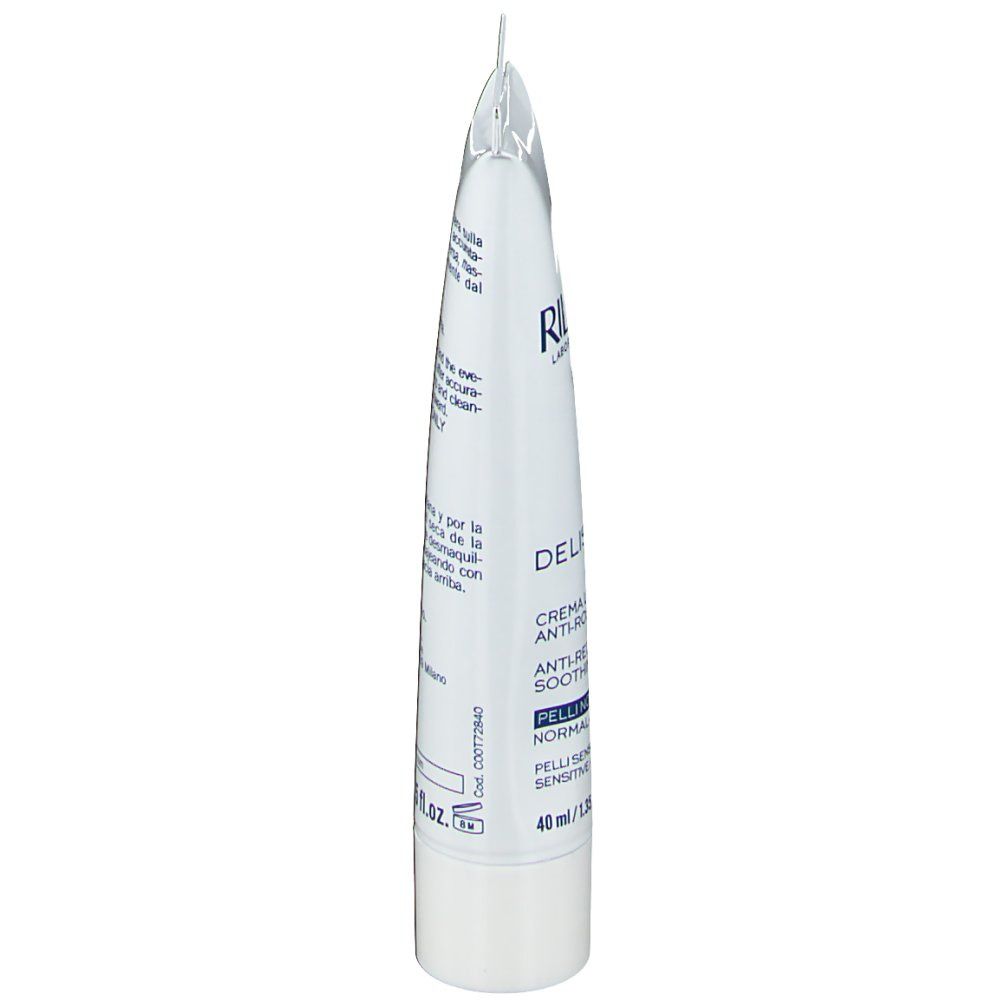 Vue latérale d'un tube de crème blanc. Texte : Deliskin RS, anti-rougeurs, pour peaux normales/sèches. 40 ml/1.35 fl. oz.