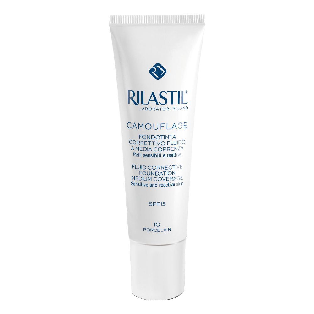 Tubo bianco con testo. Rilastil Camouflage, Fluid Corrective Foundation, SPF 15. Tonalità 10 Porcellana.