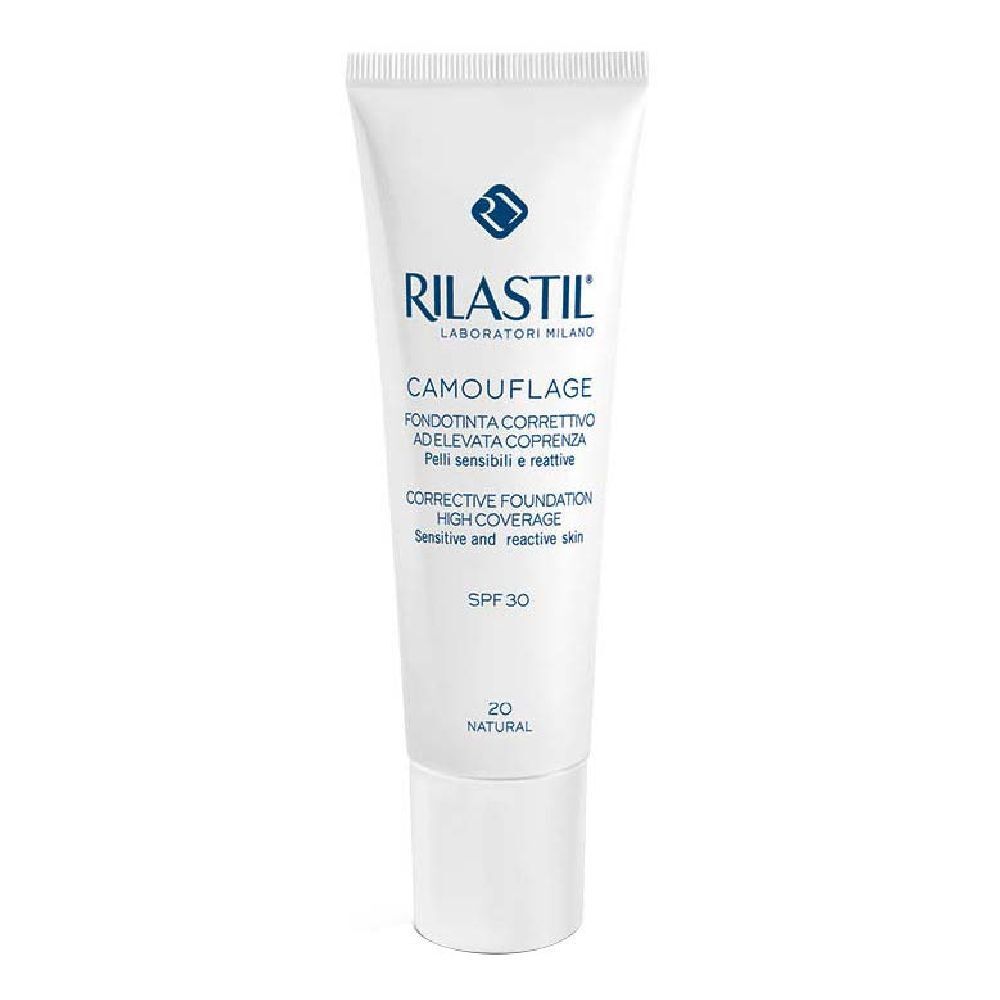 Tubo bianco con stampa del prodotto. Scritta Rilastil, Camouflage, Corrective Foundation, SPF 30. Tonalità 20 Natural.
