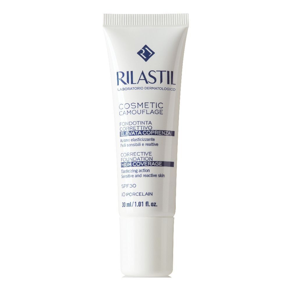 Tubo bianco Rilastil. Scritta: Cosmetic Camouflage Fondotinta Correttivo, SPF 30. Contenuto: 30 ml. Per pelli sensibili.