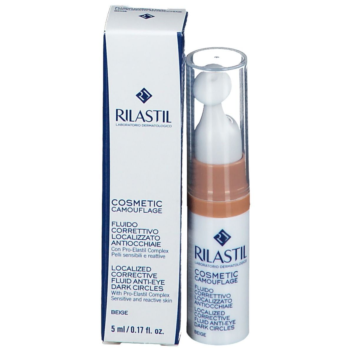 Fluido beige in flacone bianco con applicatore. RILASTIL® Cosmetic Camouflage.
