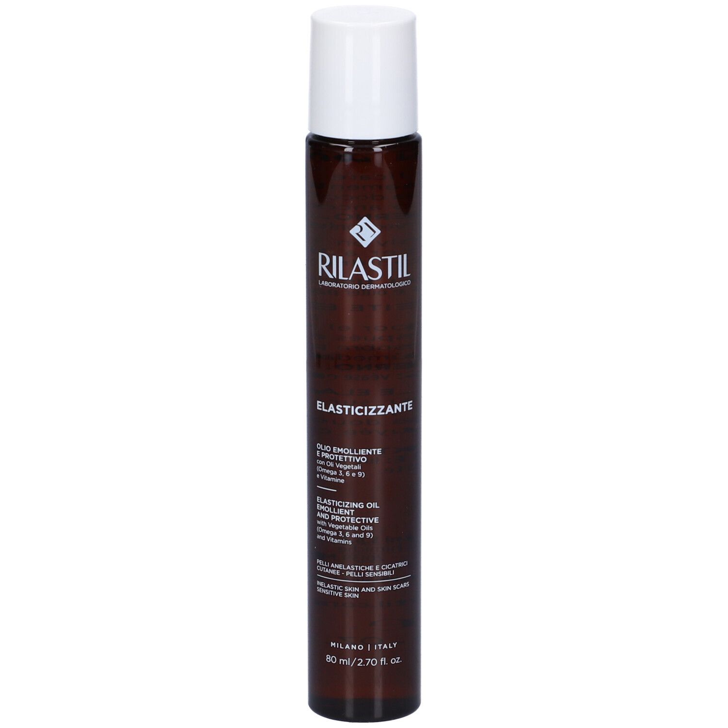Huile Elasticizzante Rilastil. Flacon marron et bouchon blanc. Étiquette avec texte.