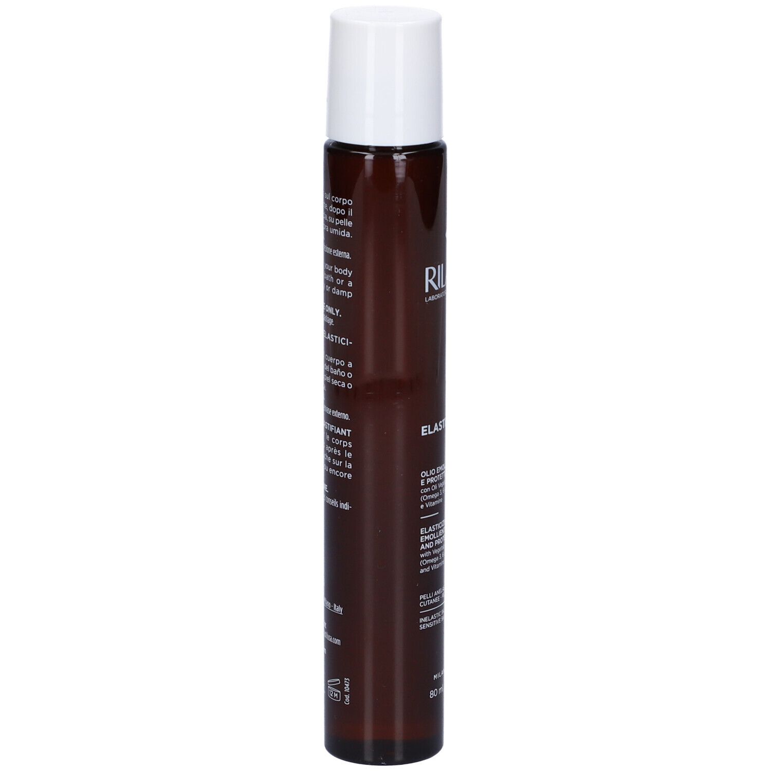Huile Elasticizzante Rilastil. Flacon marron et bouchon blanc. Étiquette avec texte.