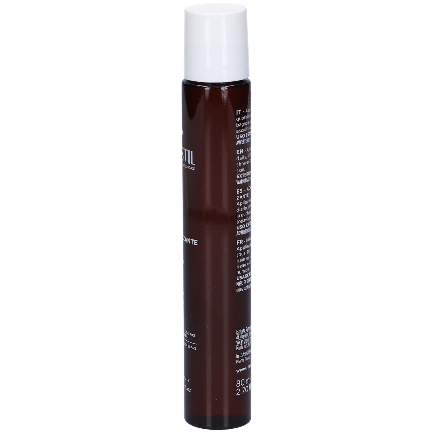 Huile Elasticizzante Rilastil. Flacon marron et bouchon blanc. Étiquette avec texte.