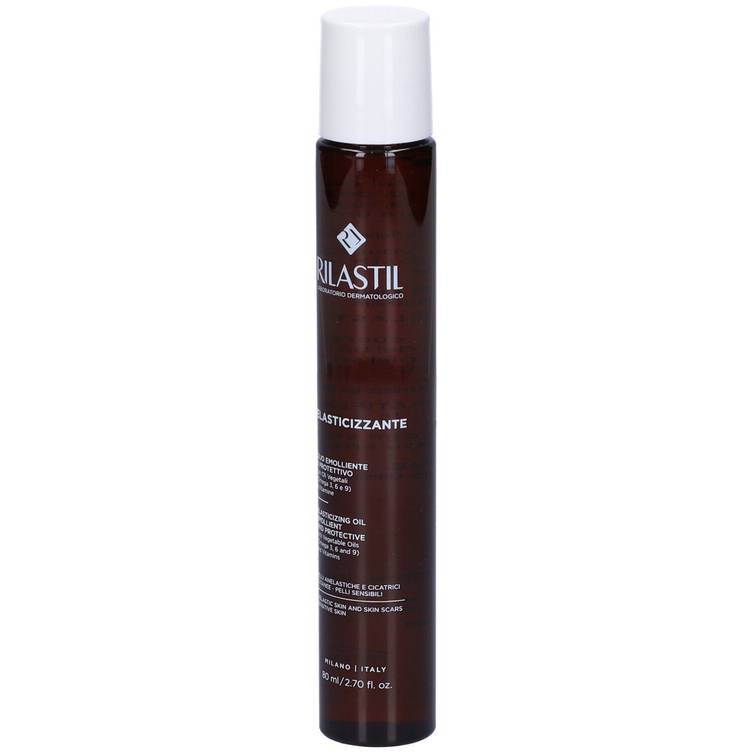 Huile Elasticizzante Rilastil. Flacon marron et bouchon blanc. Étiquette avec texte.