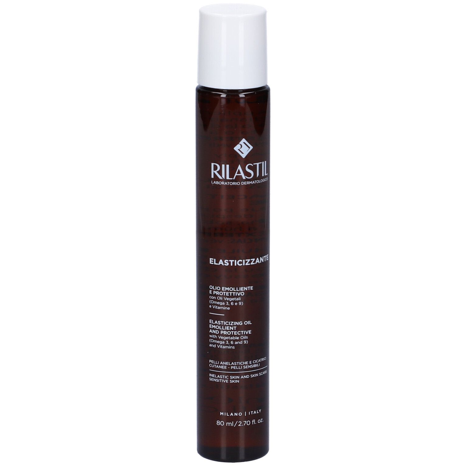 Huile Elasticizzante Rilastil. Flacon marron et bouchon blanc. Étiquette avec texte.