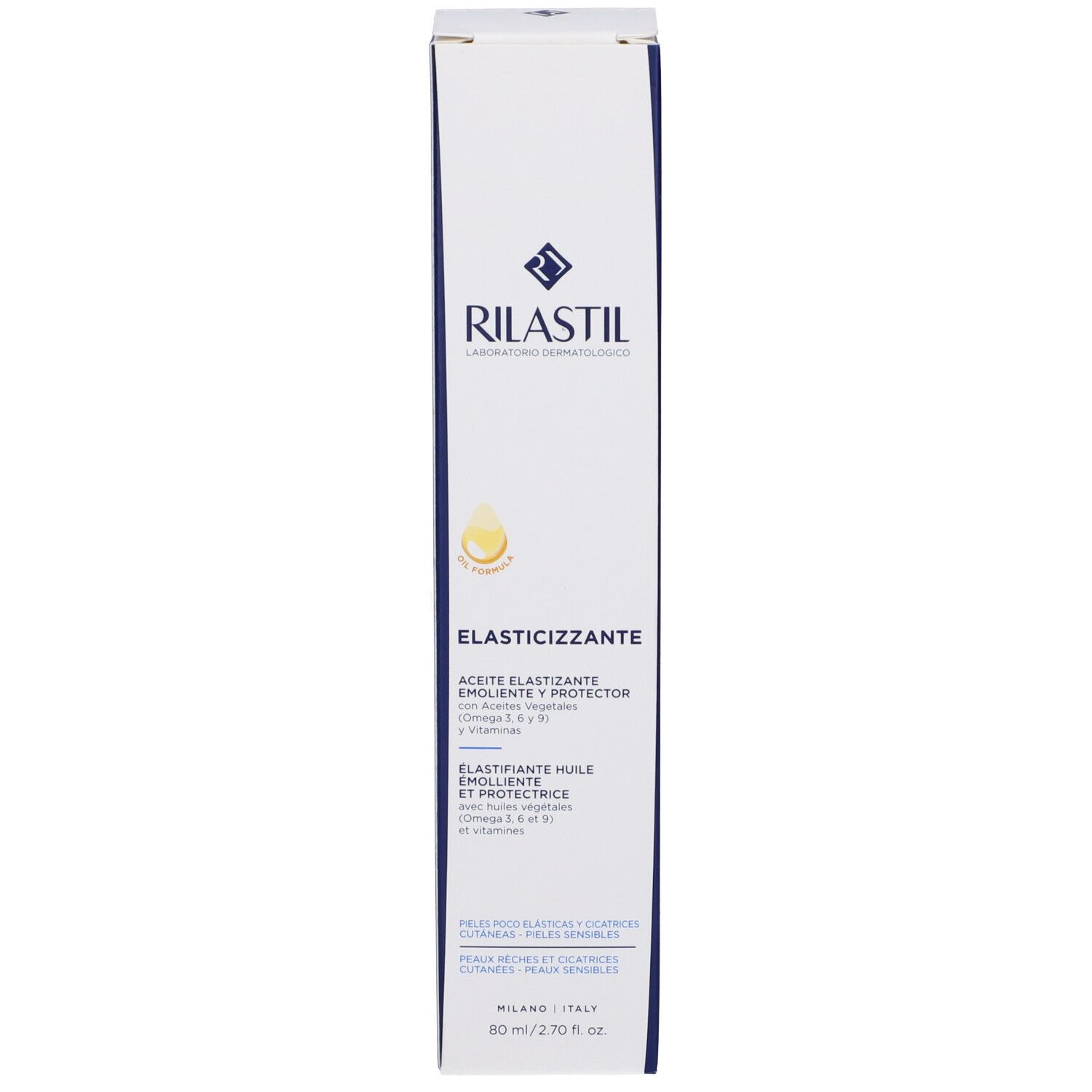 Huile Elasticizzante Rilastil et emballage. Carton avec informations produit.