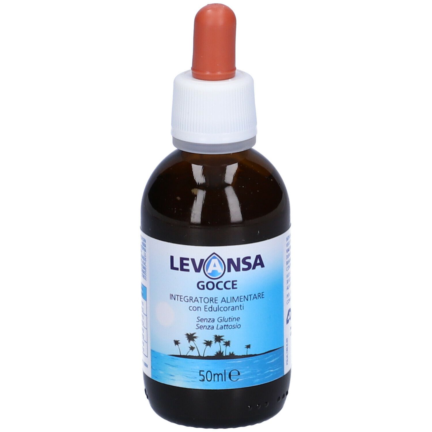 Flacone di vetro marrone con contagocce. Levansa Gocce, integratore alimentare. 50ml. Senza glutine, senza lattosio.