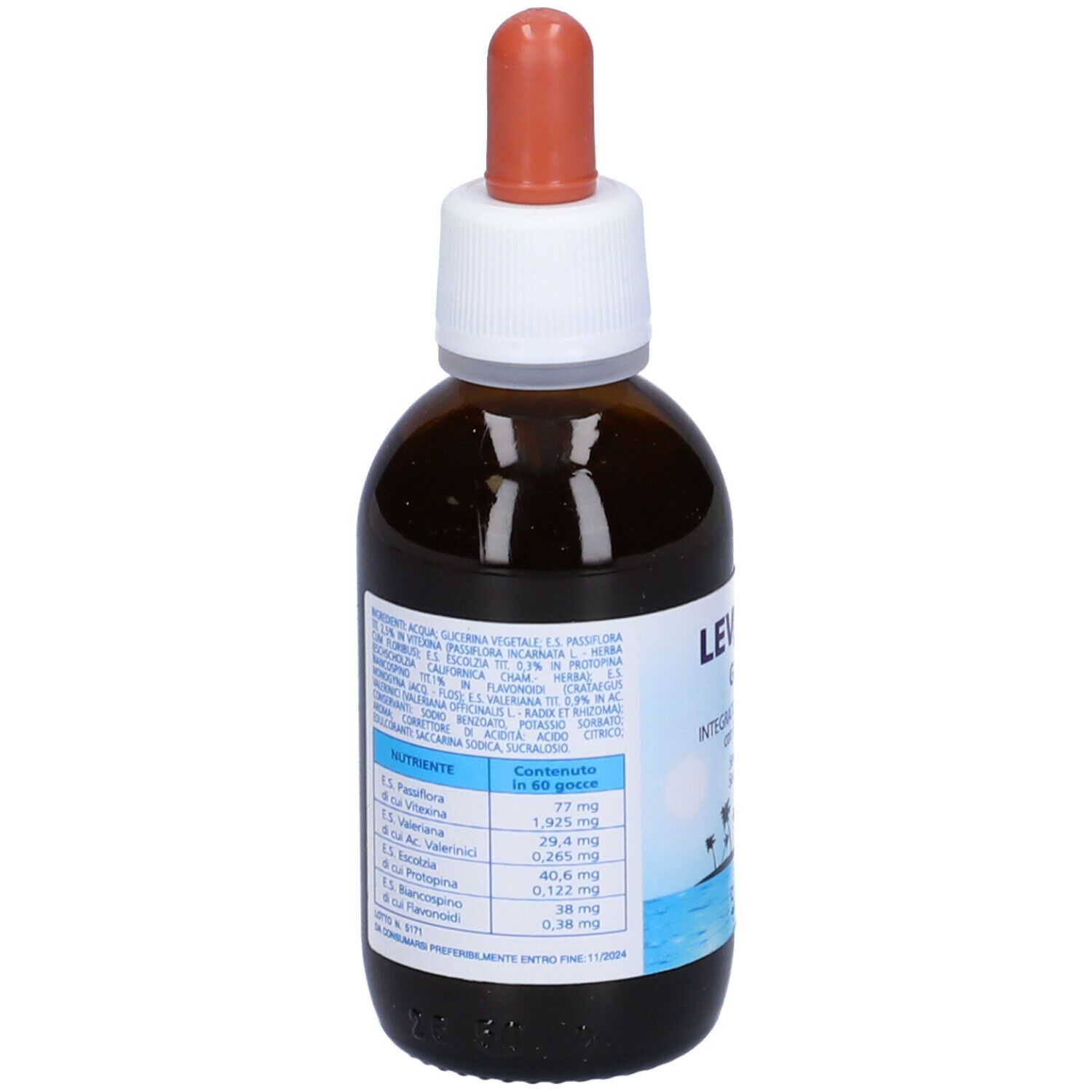 Flacone di vetro marrone con contagocce. Levansa Gocce, integratore alimentare. Ingredienti e tabella nutrizionale.