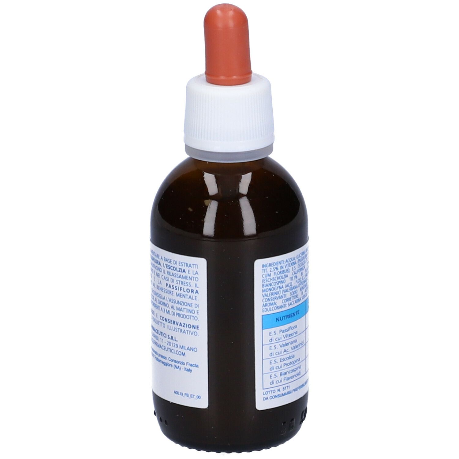 Flacone di vetro marrone con contagocce. Levansa Gocce, integratore alimentare. Retro con ingredienti e produttore.