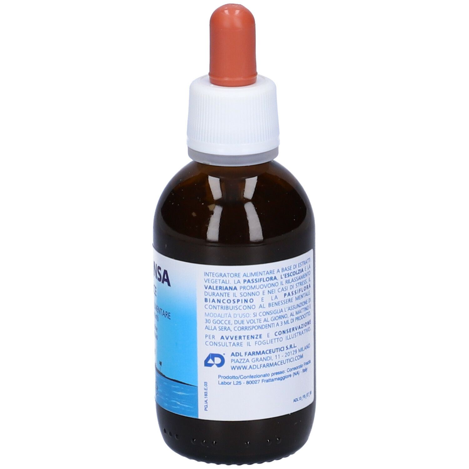 Flacone di vetro marrone con contagocce. Levansa Gocce, integratore alimentare. Retro con informazioni del produttore.