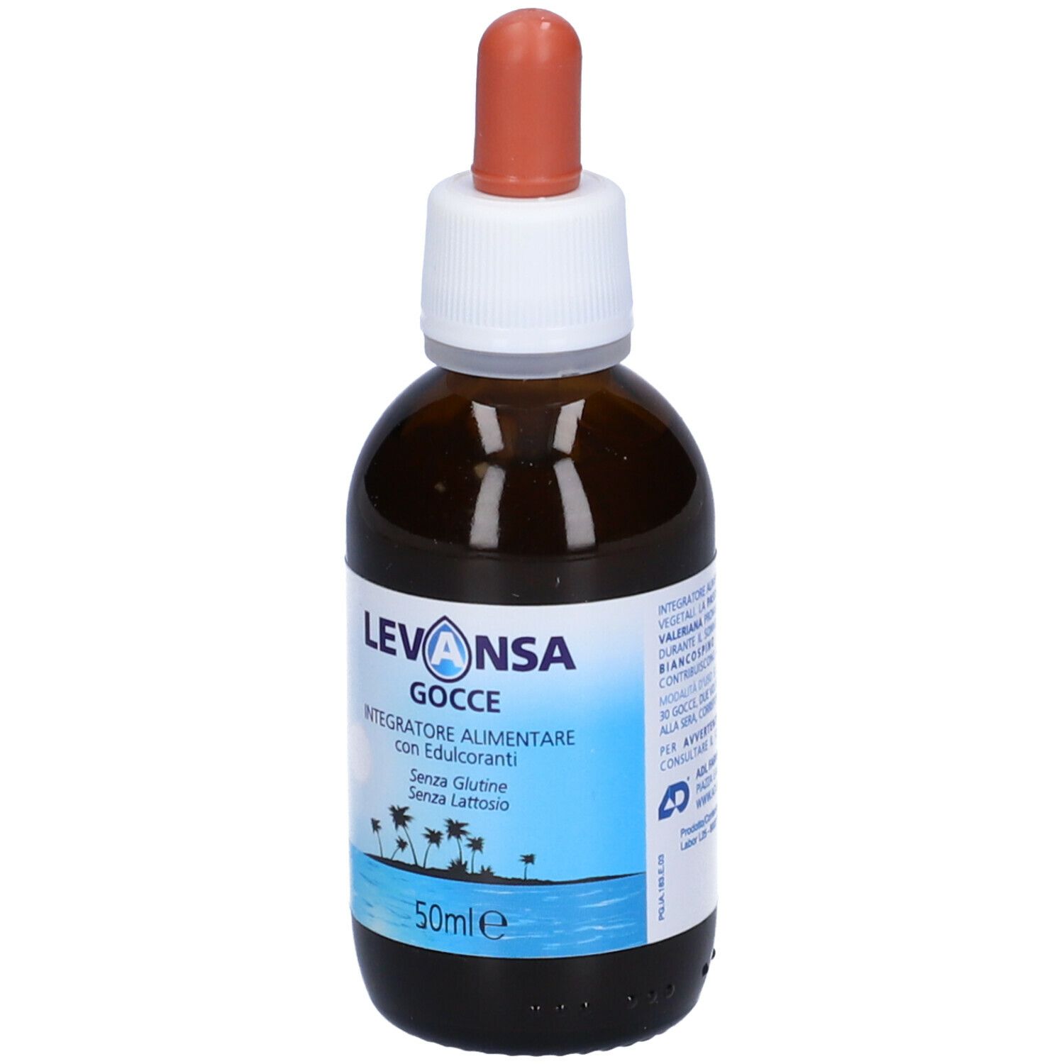 Flacone di vetro marrone con contagocce. Levansa Gocce, integratore alimentare. Senza glutine, senza lattosio. 50ml.