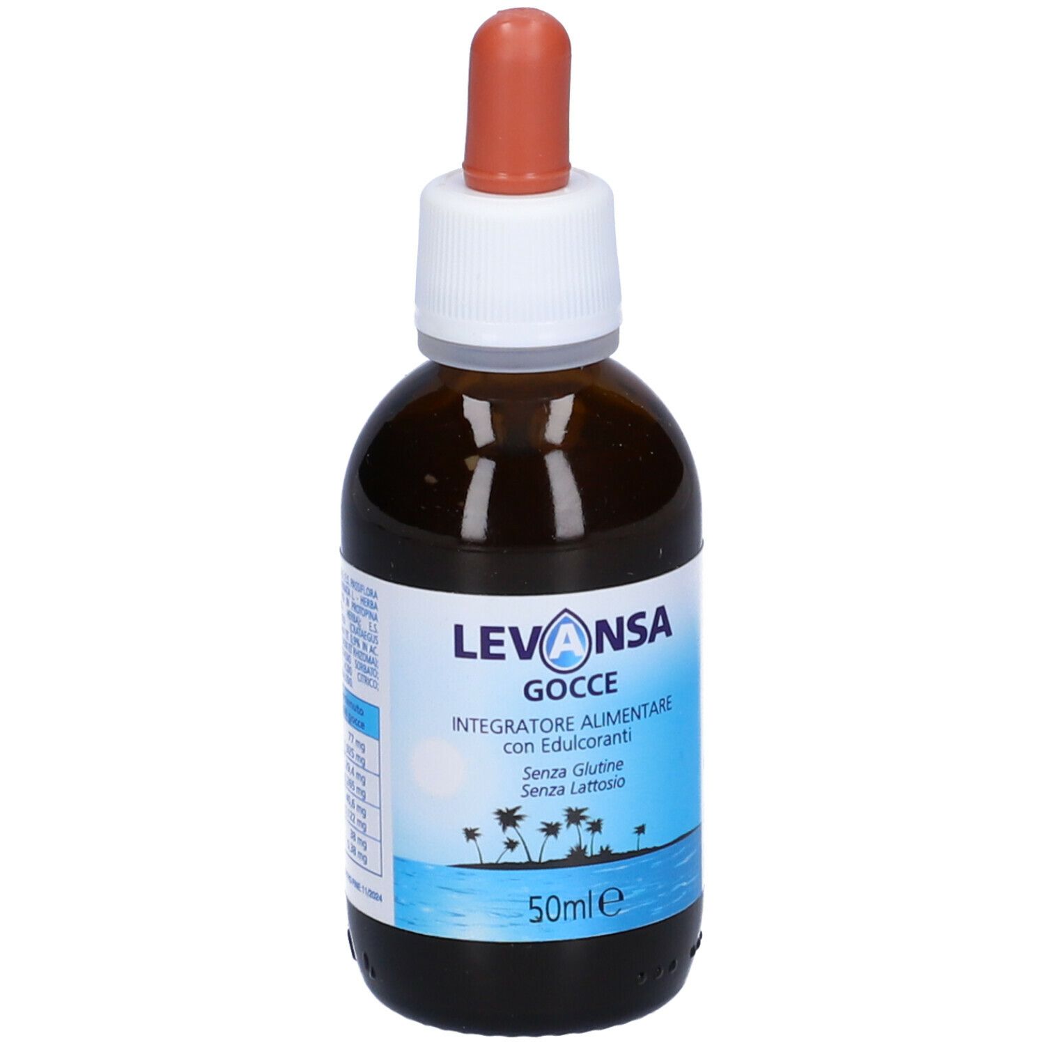 Flacone di vetro marrone con contagocce. Levansa Gocce, integratore alimentare. Senza glutine, senza lattosio. 50ml.