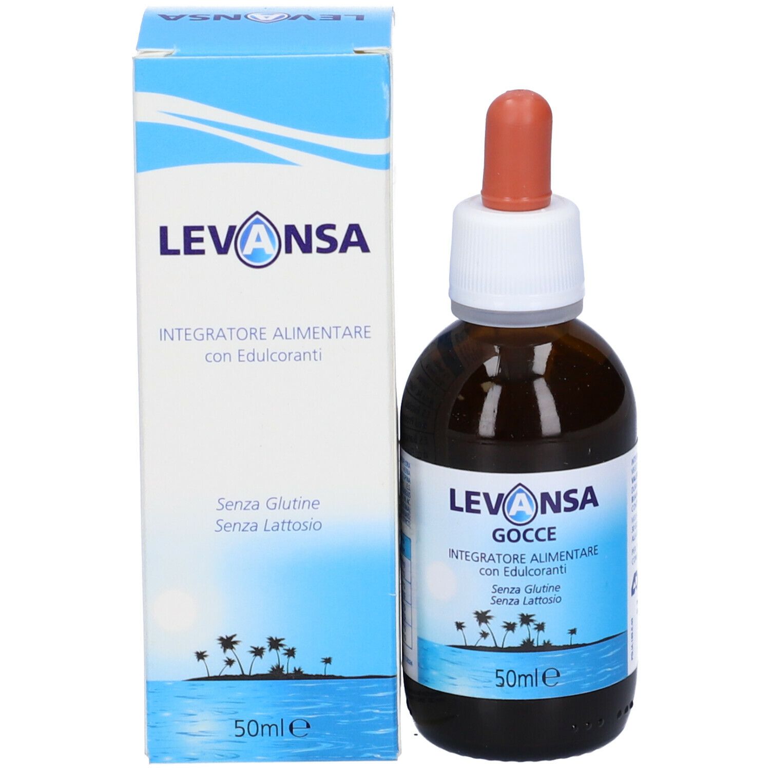 Flacone e scatola Levansa Gocce. Integratore alimentare. Senza glutine, senza lattosio. 50ml. Contagocce.
