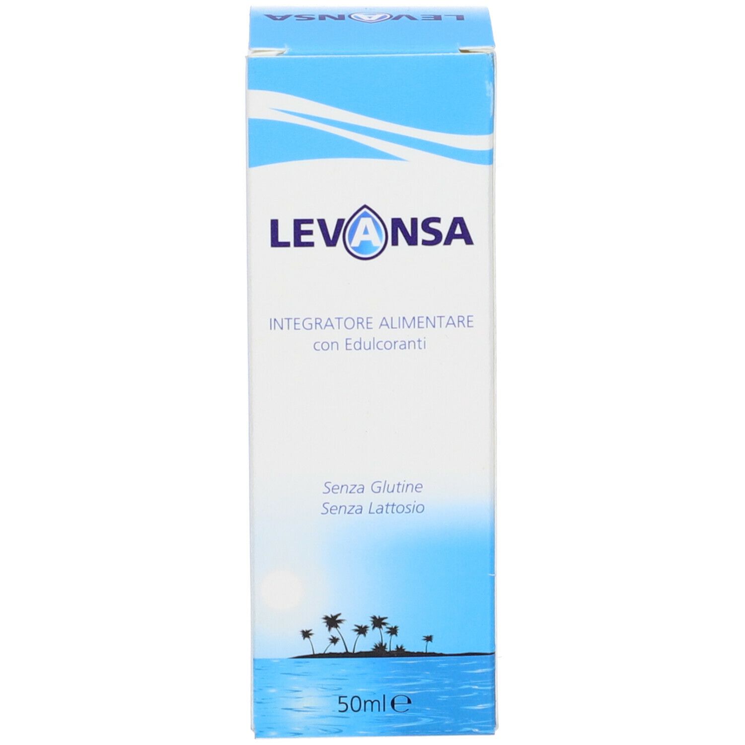 Scatola di Levansa Gocce. Bianca e blu, con nome del prodotto e informazioni. 50ml.