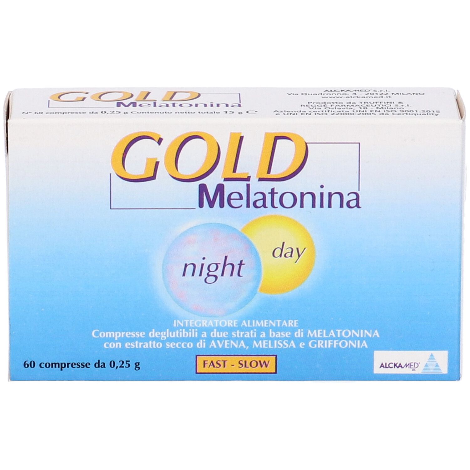 Scatola con stampa del prodotto. Scritta: GOLD Melatonina. Cerchi blu e gialli con "night" e "day".