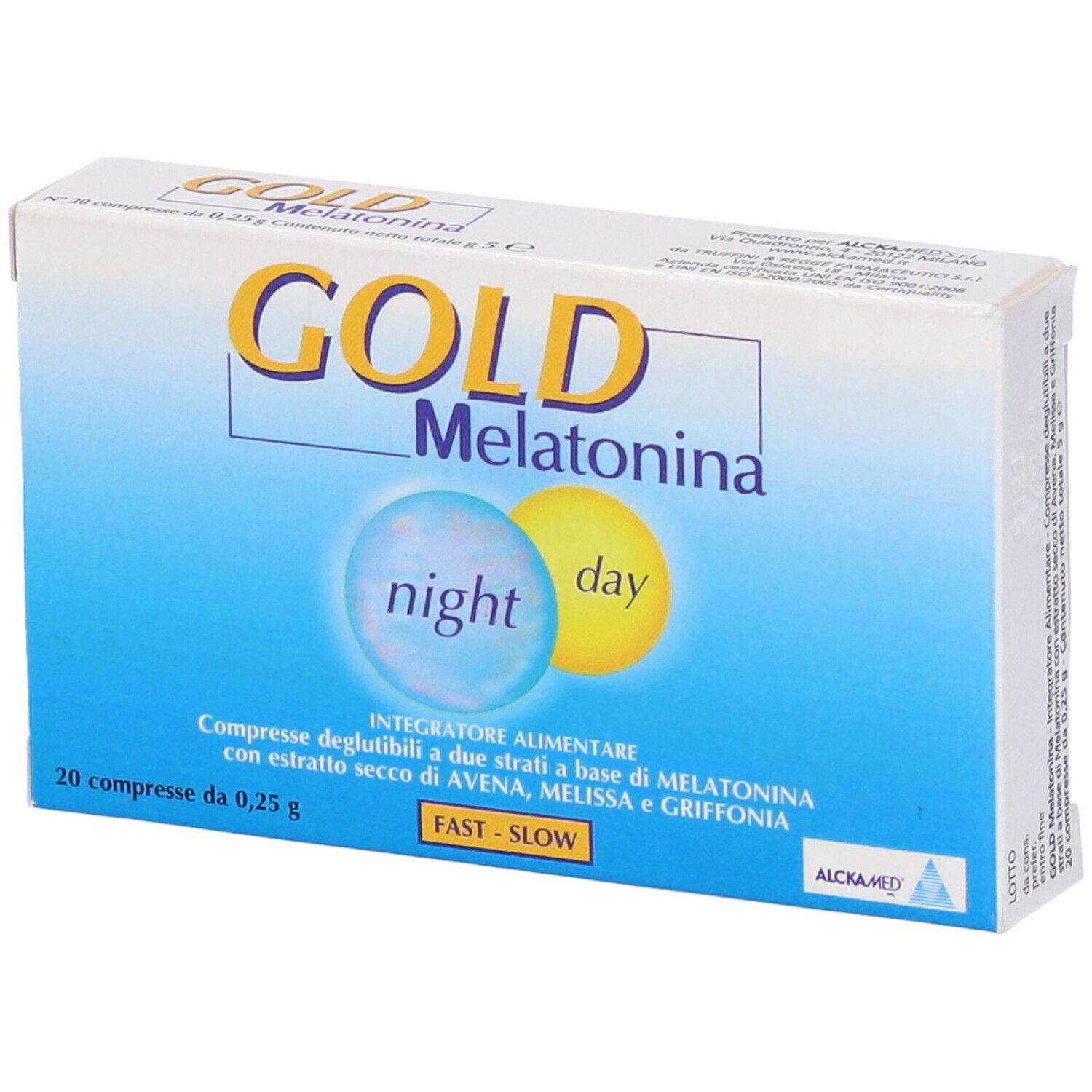 Scatola con nome GOLD Melatonina. Cerchi blu e gialli con 'night' e 'day'. Testo: 20 compresse.