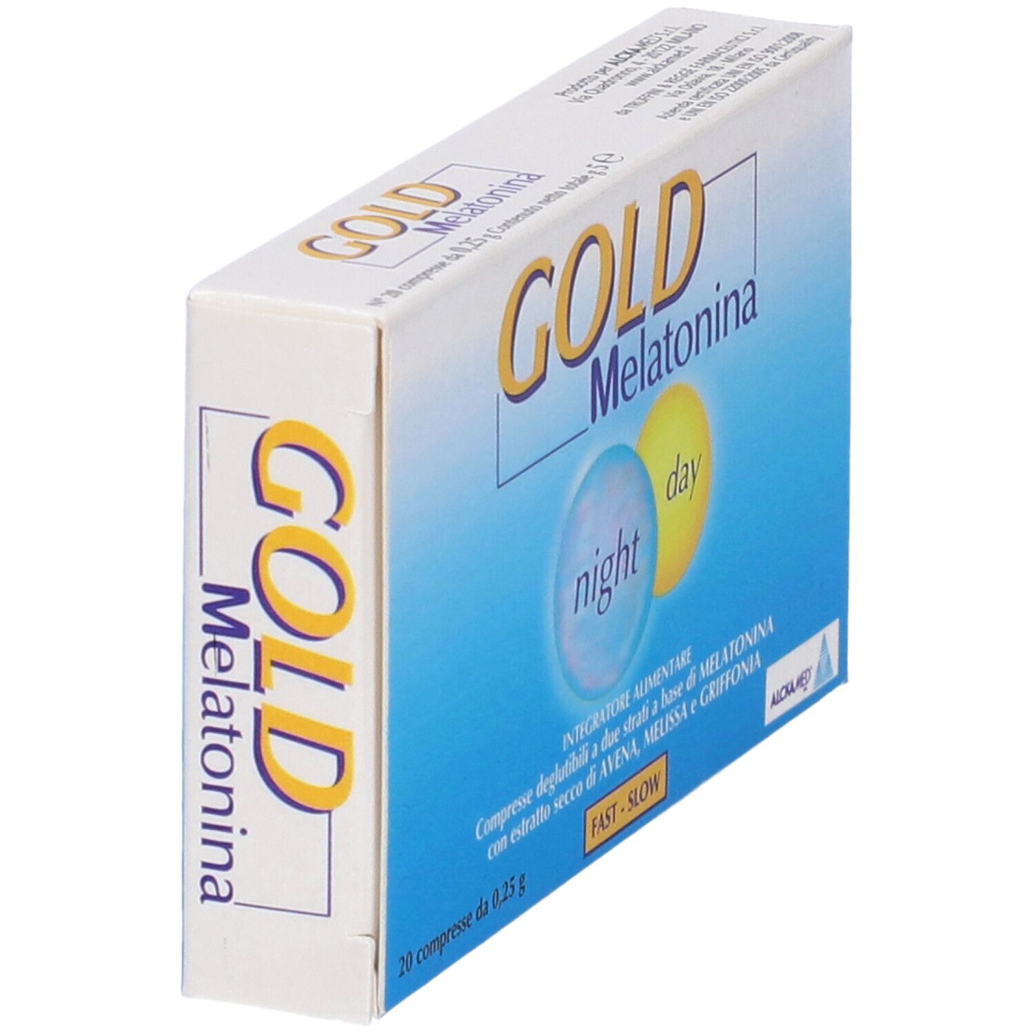 Scatola con nome GOLD Melatonina. Cerchi blu e gialli con 'night' e 'day'.