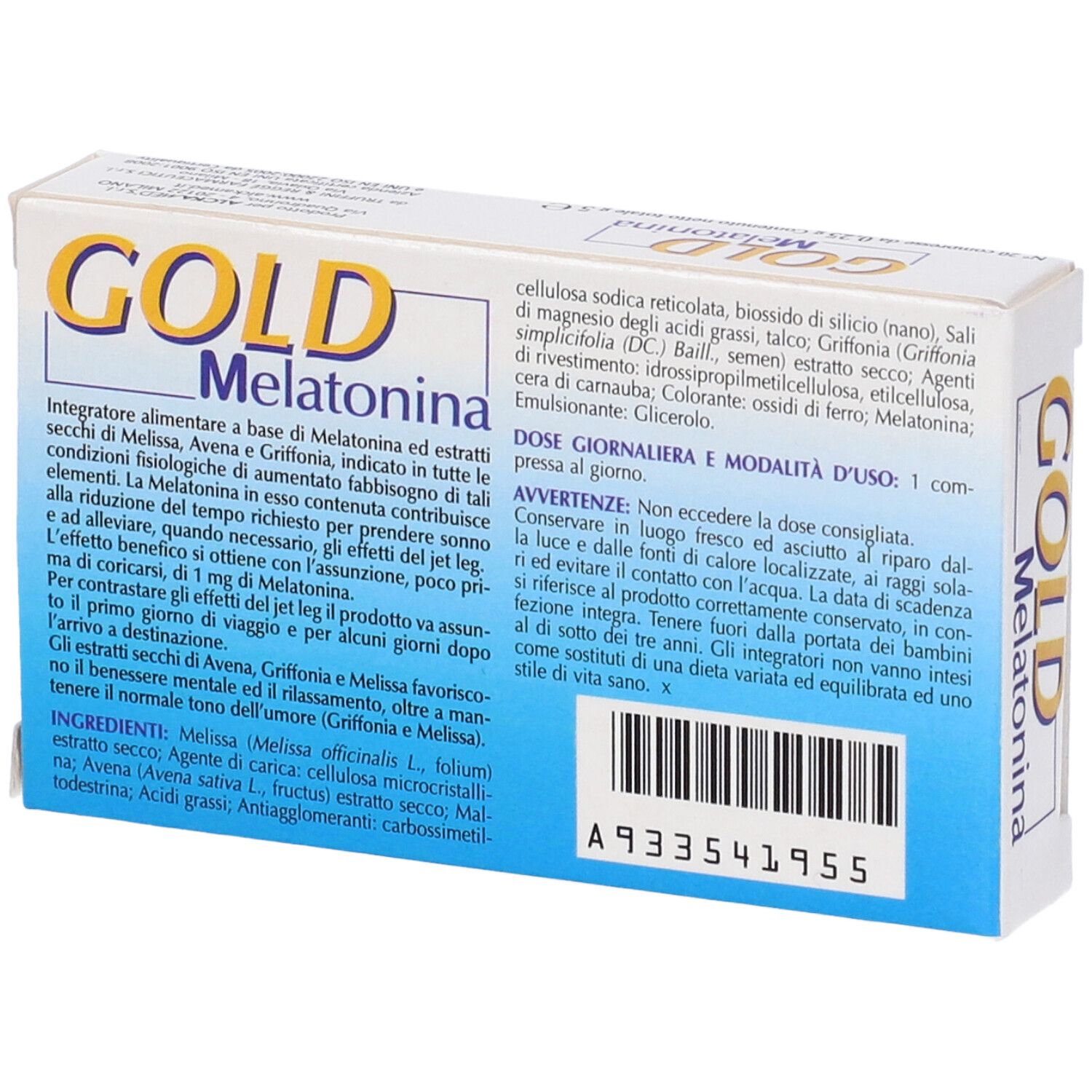 Scatola con nome GOLD Melatonina. Retro con testo. Contiene ingredienti e dosaggio.