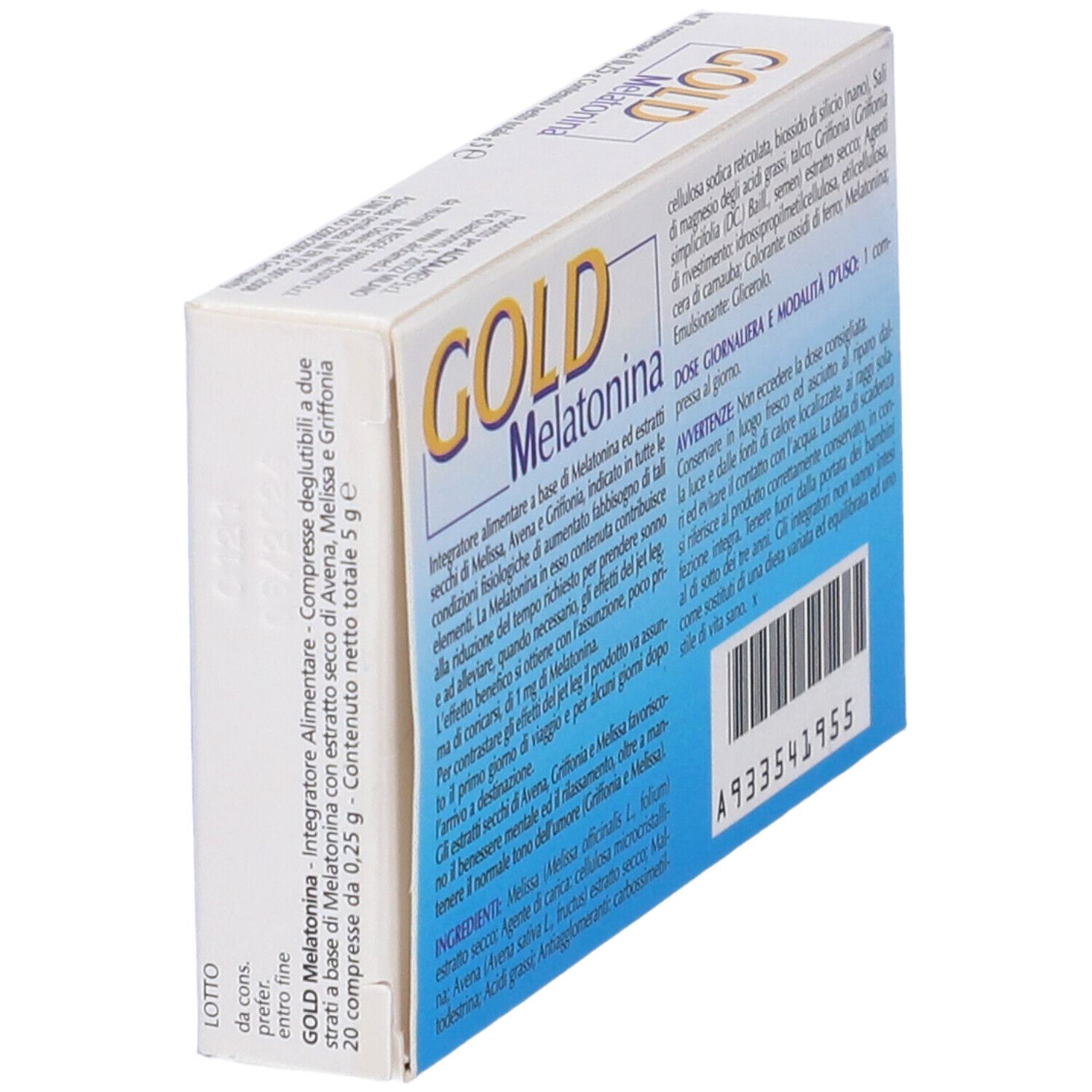 Scatola con nome GOLD Melatonina. Retro con testo. Contiene ingredienti e dosaggio.