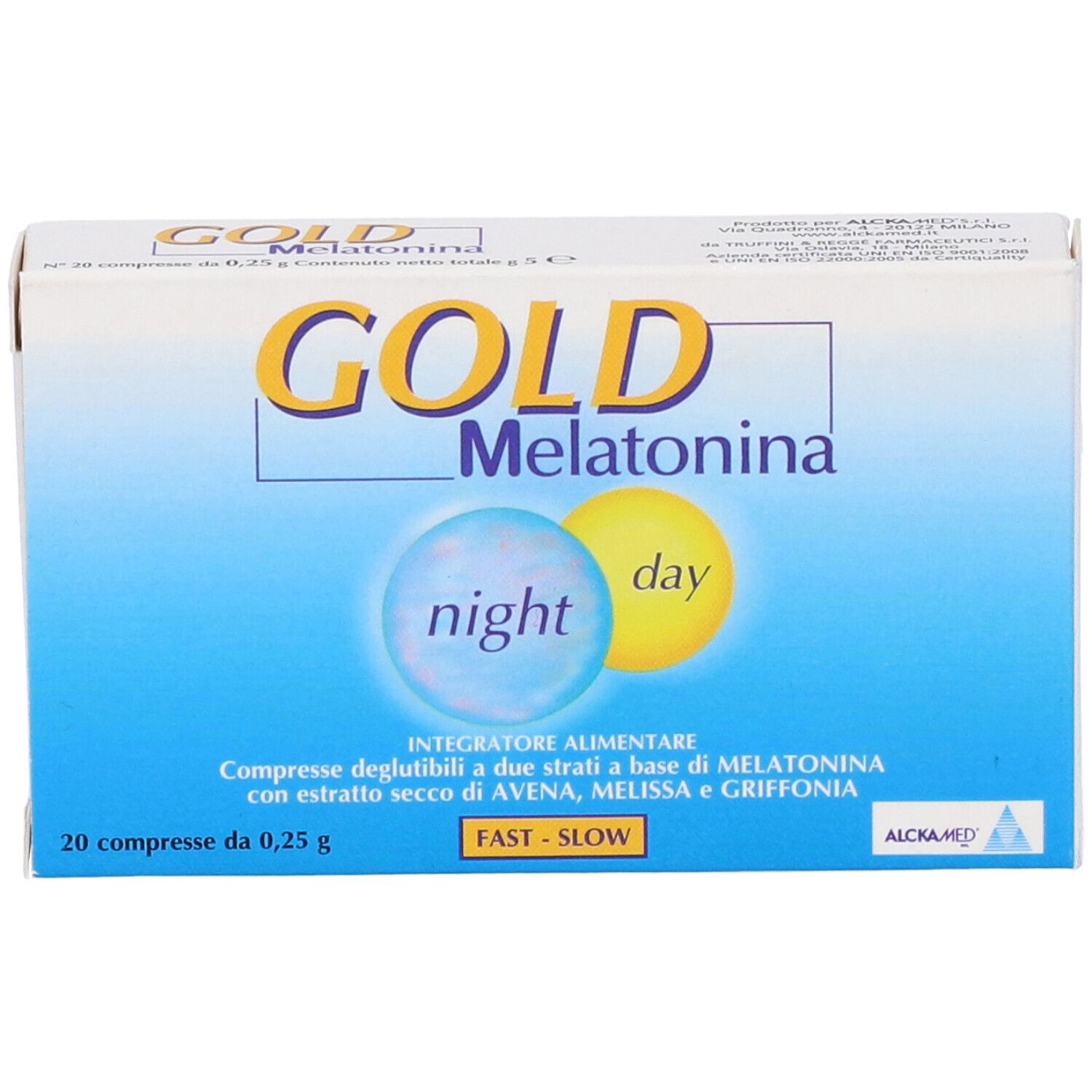 Scatola con nome GOLD Melatonina. Cerchi blu e gialli con 'night' e 'day'. Testo: 20 compresse.