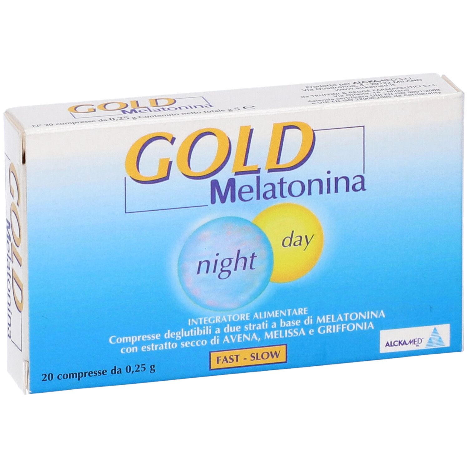 Scatola con nome GOLD Melatonina. Cerchi blu e gialli con 'night' e 'day'. Testo: 20 compresse.