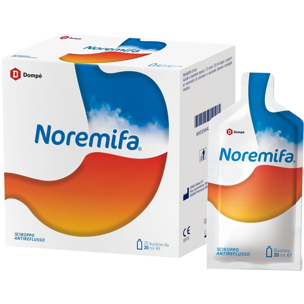 Scatola e bustina Noremifa. Sulla scatola è raffigurato uno stomaco. La bustina indica 20 ml.