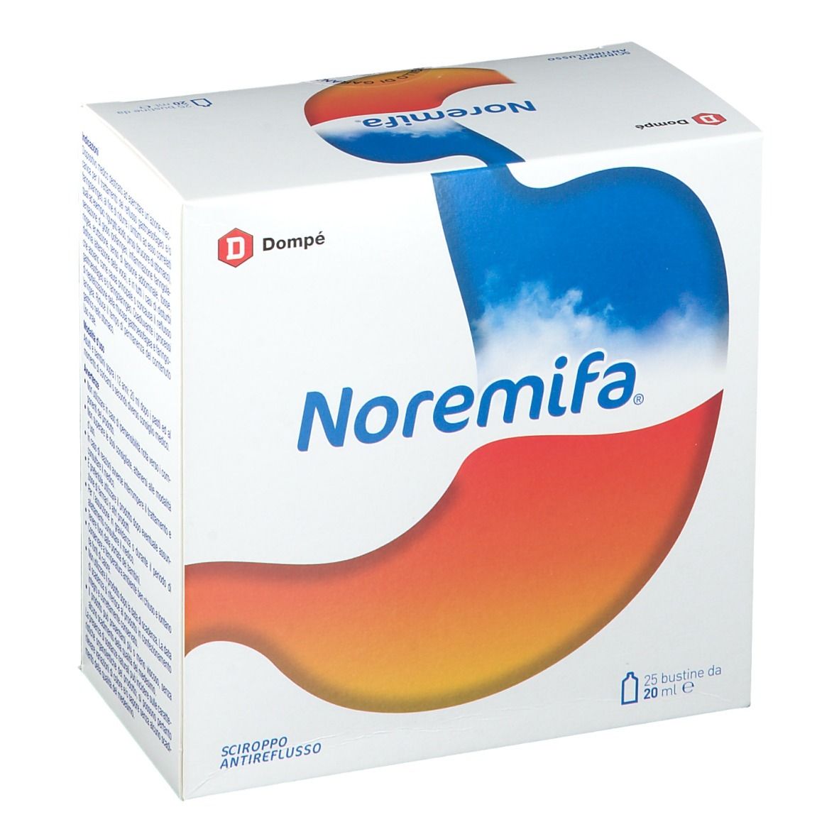 Scatola con logo Noremifa e illustrazione dello stomaco. Scritto: 25 bustine da 20 ml. Marchio Dompé.