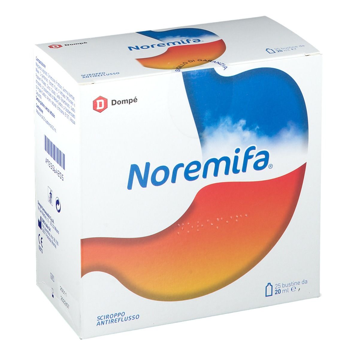 Scatola con logo Noremifa e illustrazione dello stomaco. Scritto: 25 bustine da 20 ml. Marchio Dompé.