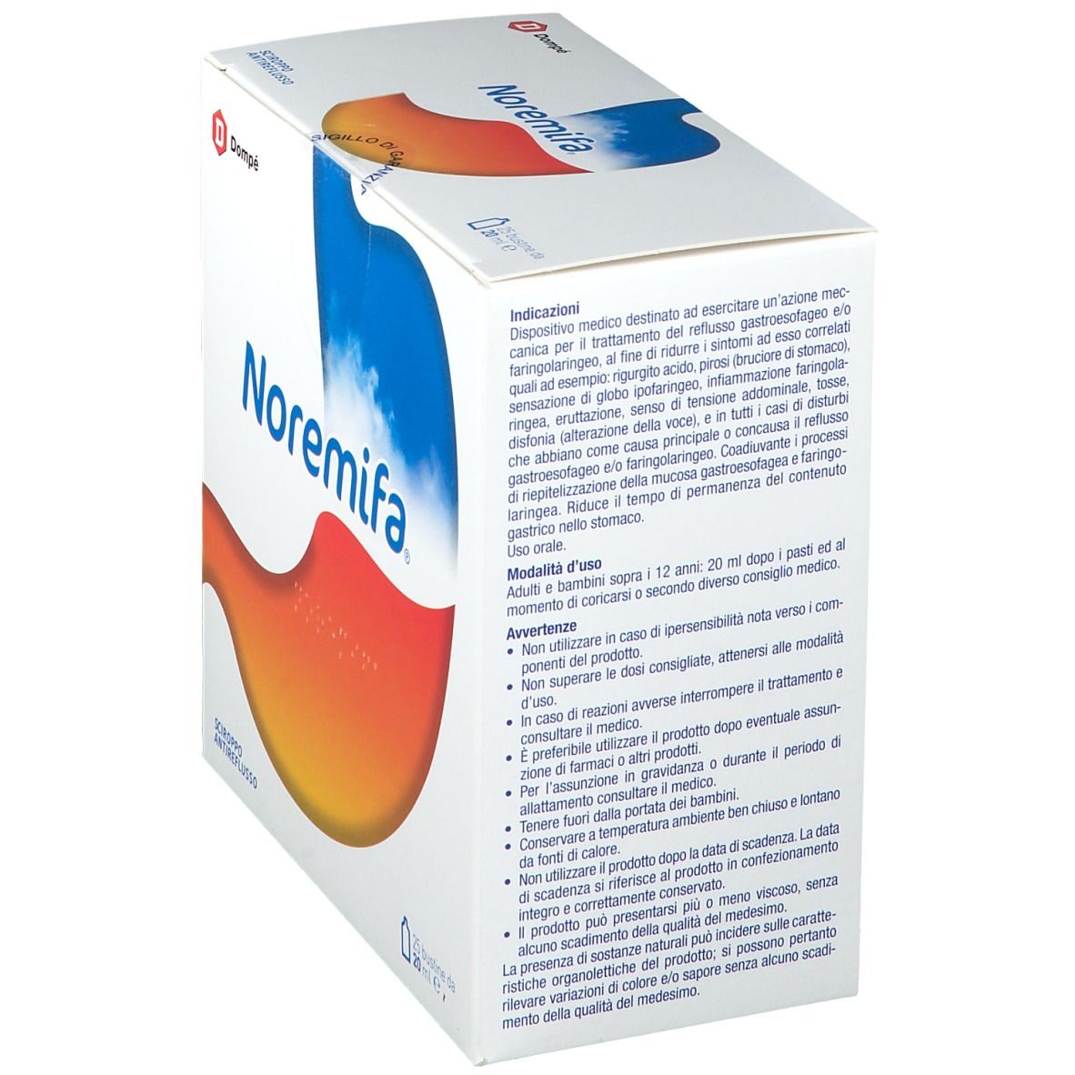 Scatola con logo Noremifa e illustrazione dello stomaco. Istruzioni per l'uso e avvertenze sul lato.