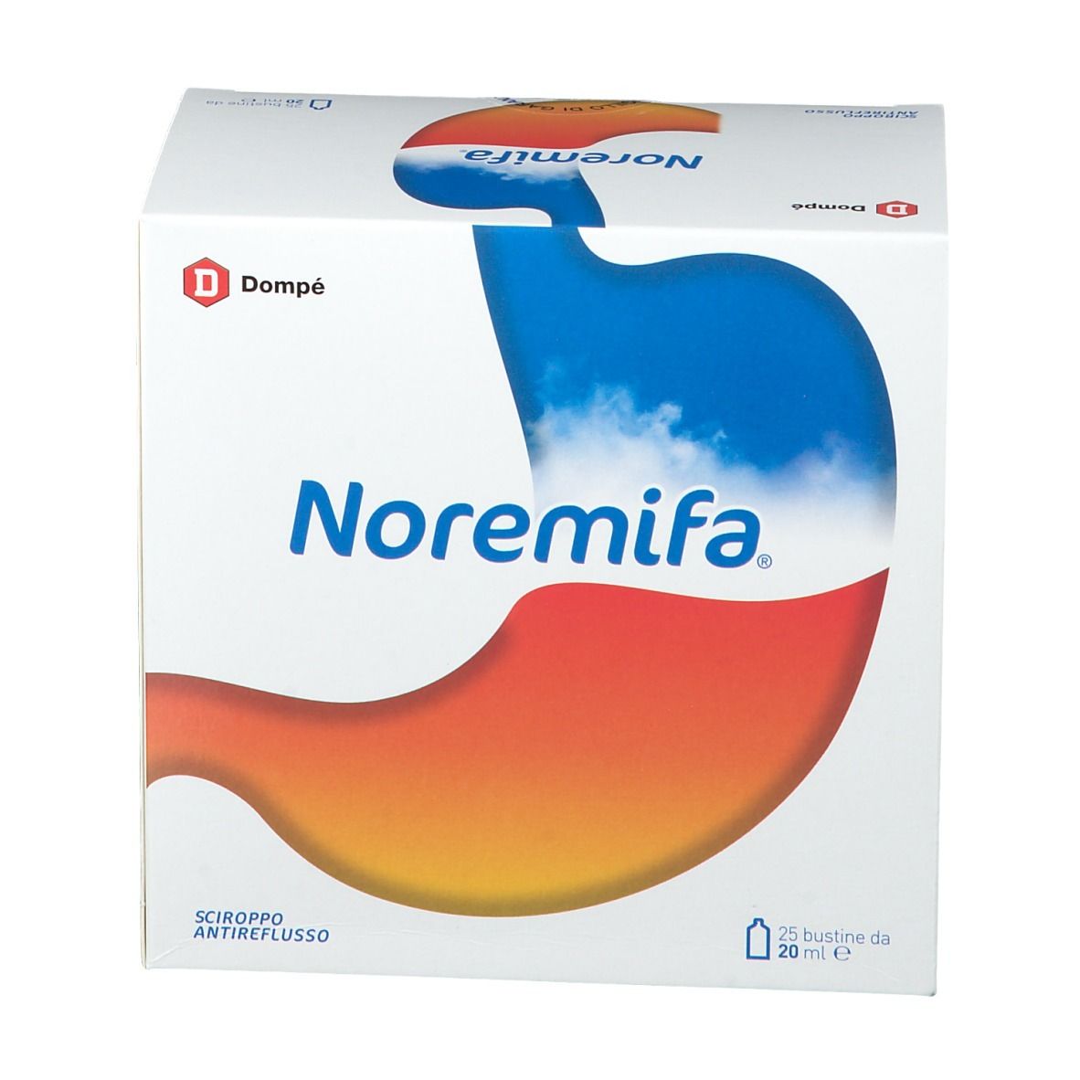 Scatola con logo Noremifa e illustrazione dello stomaco. Scritto: 25 bustine da 20 ml. Marchio Dompé.