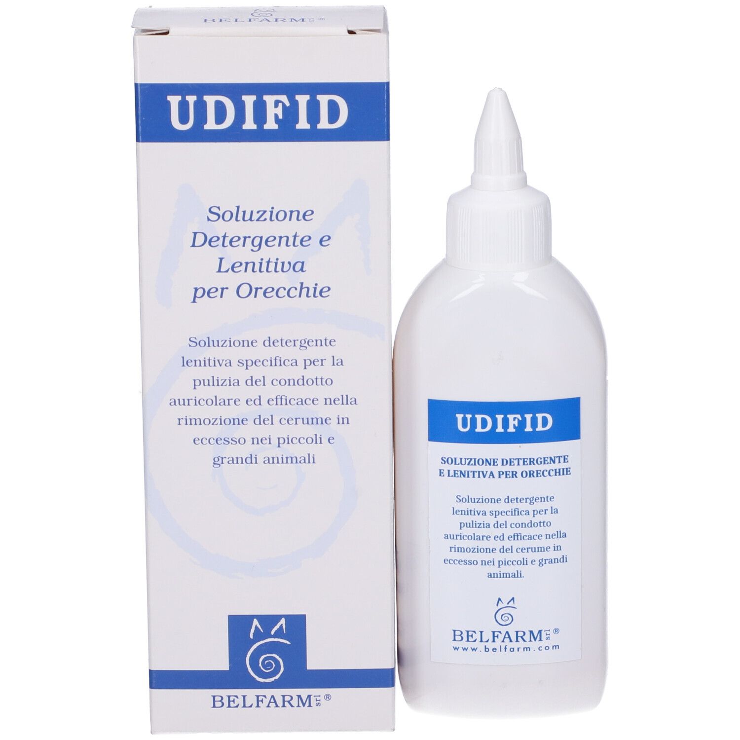 Flacone e scatola bianchi. Scritta 'UDIFID' e 'Soluzione Detergente e Lenitiva per Orecchie'. Marchio: BELFARM.