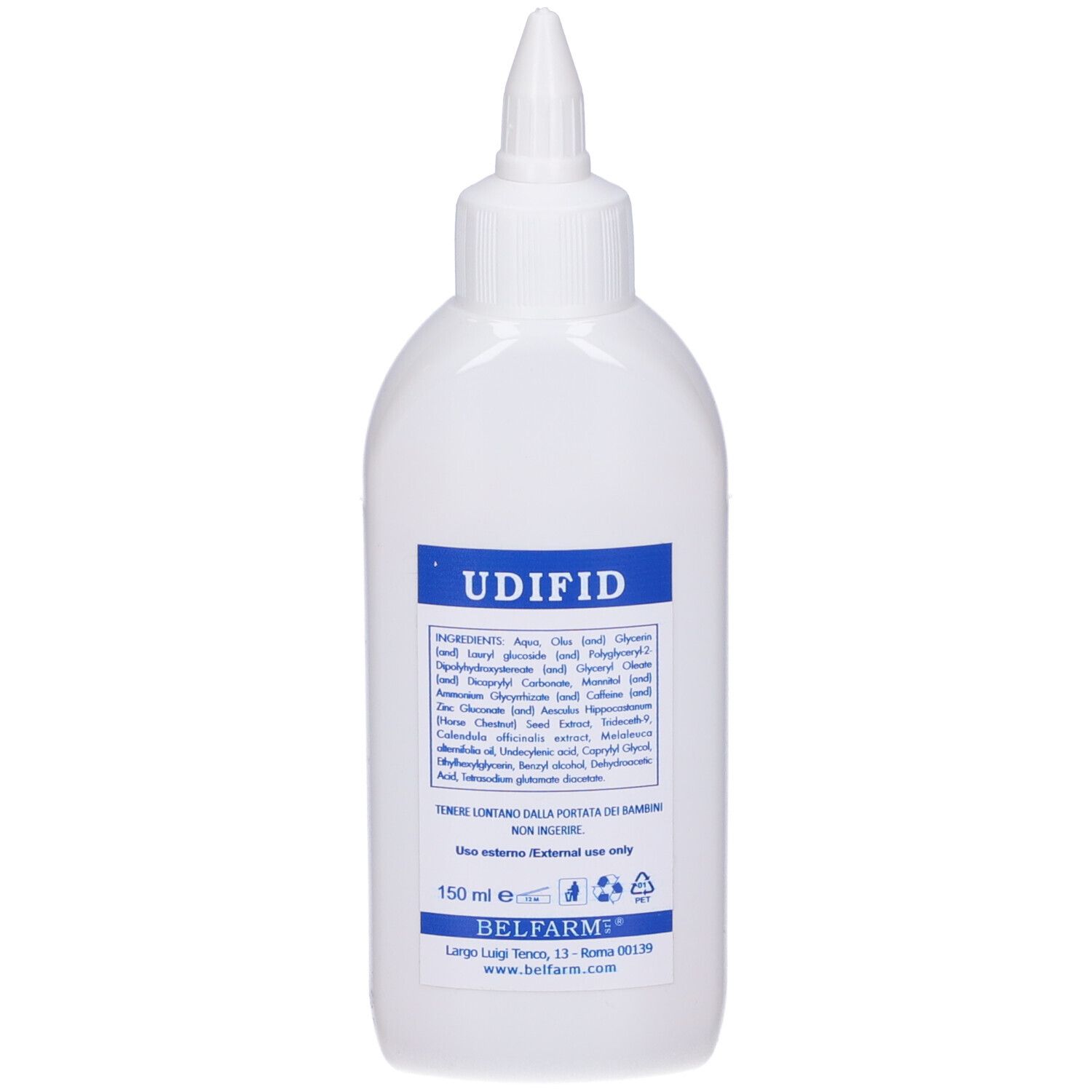 Flacone bianco con applicatore a punta. Scritta 'UDIFID'.