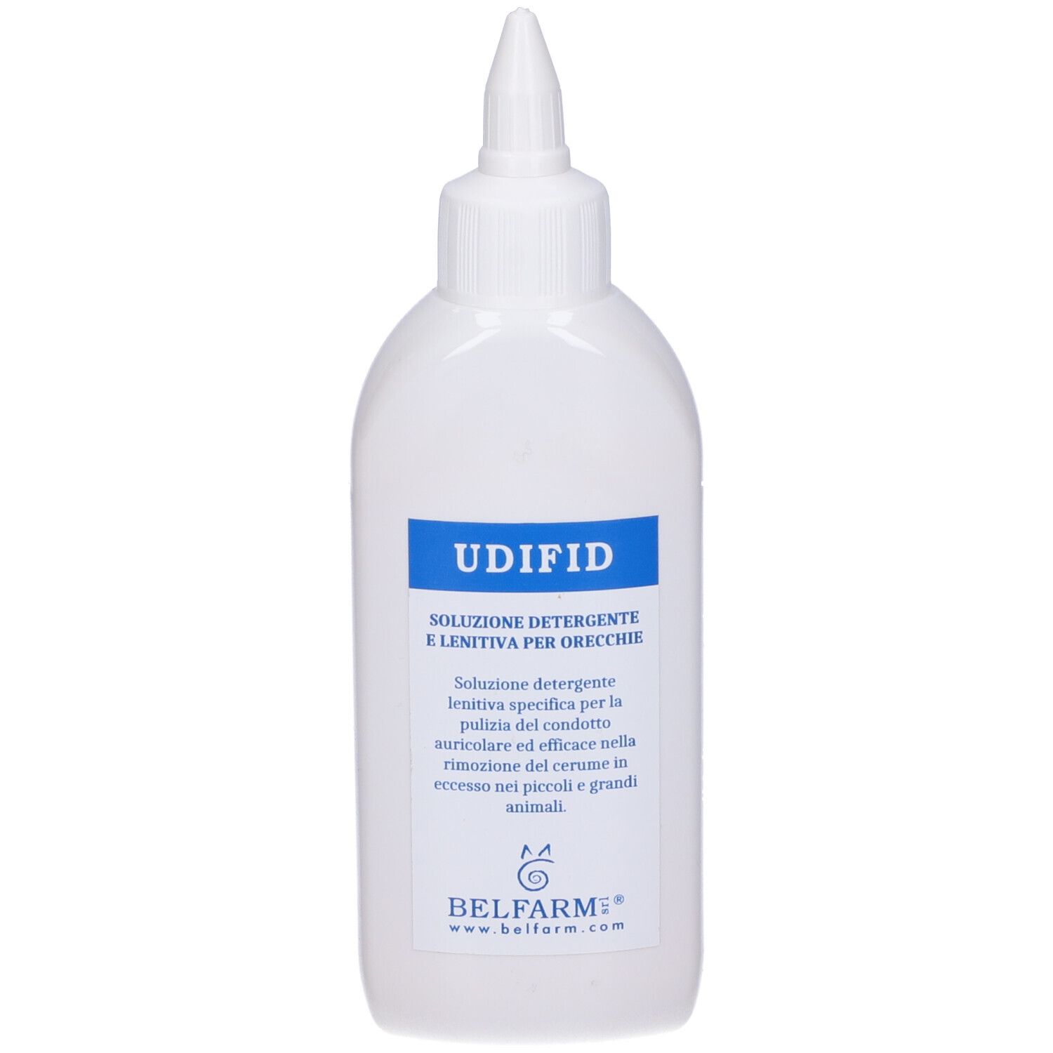 Flacone bianco con applicatore a punta. Scritta 'UDIFID'.