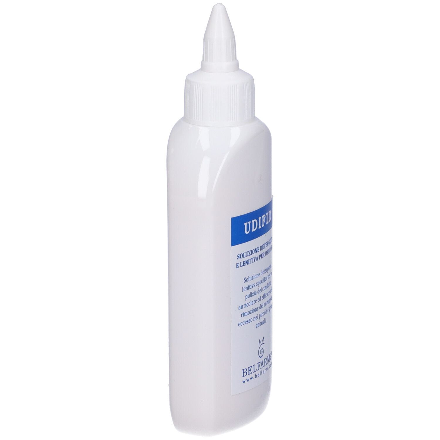 Flacone bianco con applicatore a punta. Scritta 'UDIFID'.
