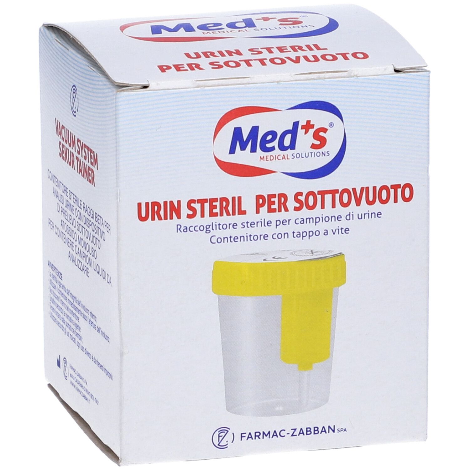 Med's Vakuum-Urin-Probenbehälter mit Schraubverschluss und gelbem Einsatz.