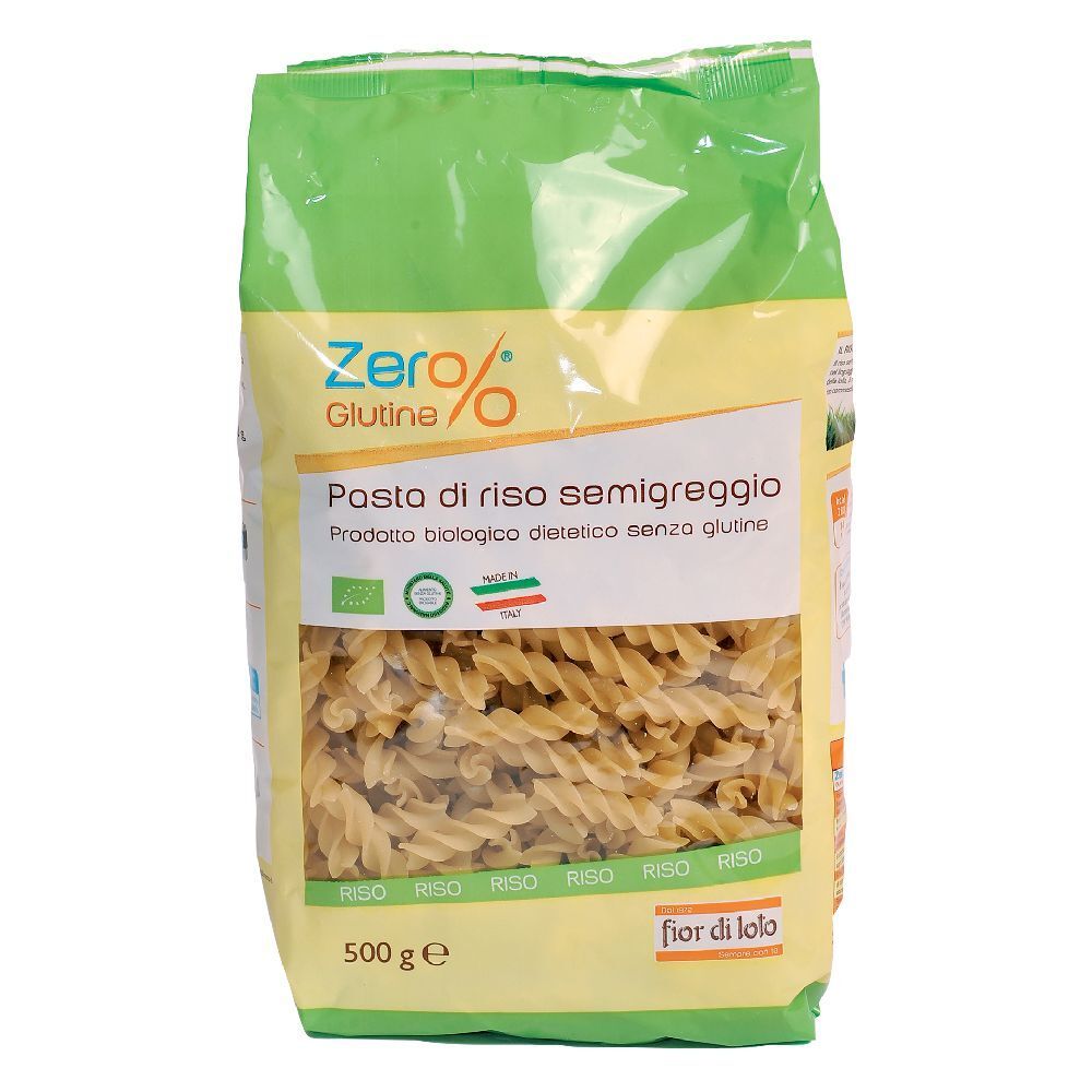 Confezione di fusilli senza glutine di riso integrale. Confezione verde e bianca con nome e logo del prodotto.