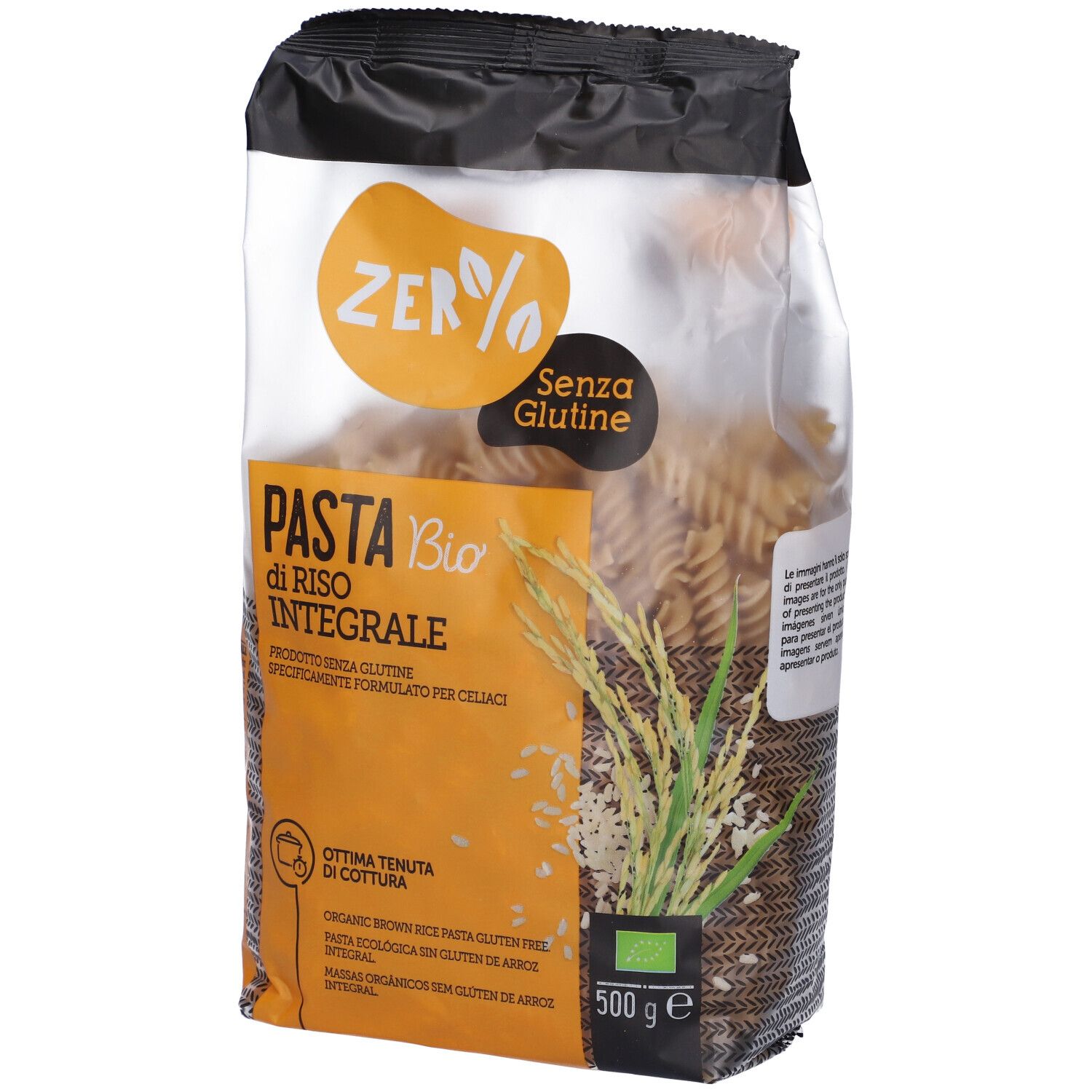 Confezione di fusilli bio senza glutine di riso integrale. Confezione arancione e nera con informazioni.