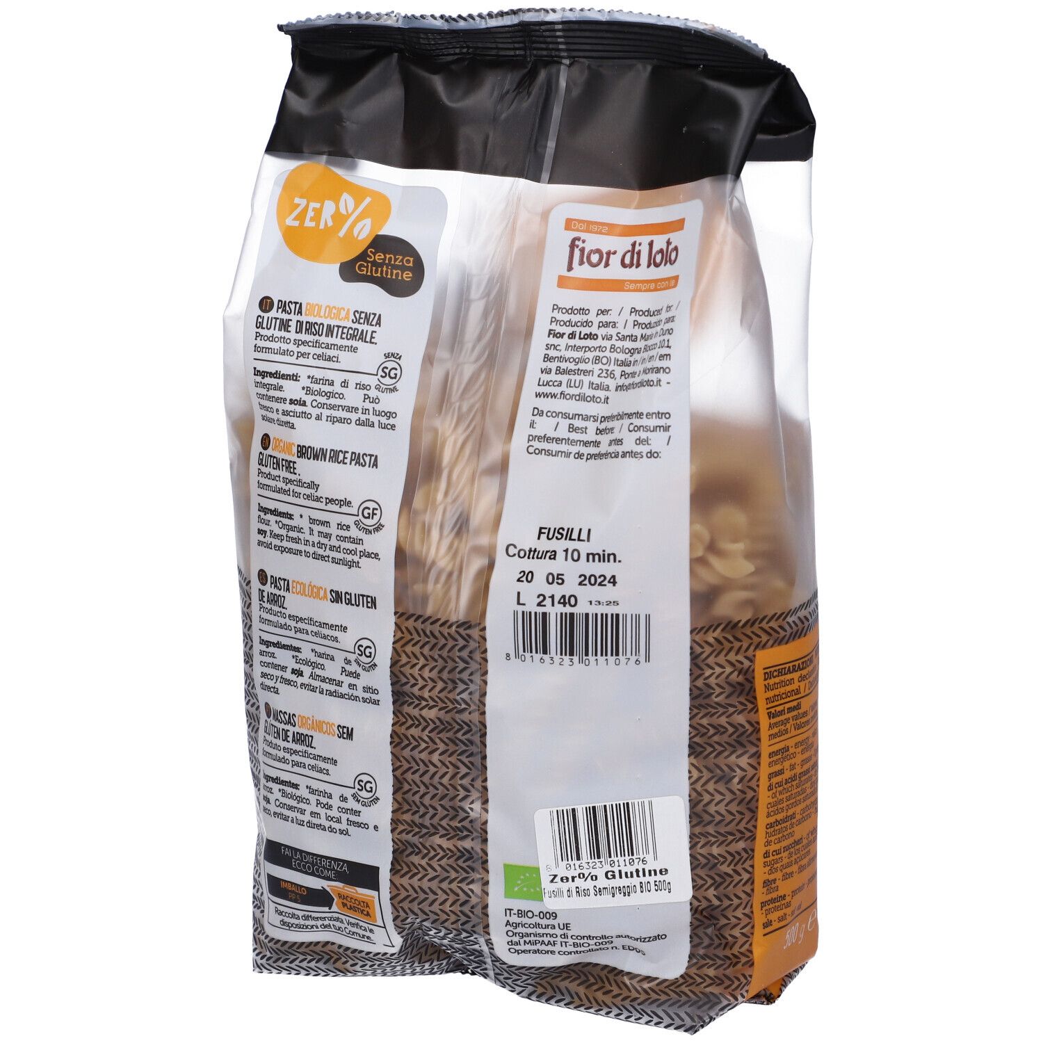 Confezione di fusilli bio senza glutine di riso integrale. Retro con informazioni e codice a barre.